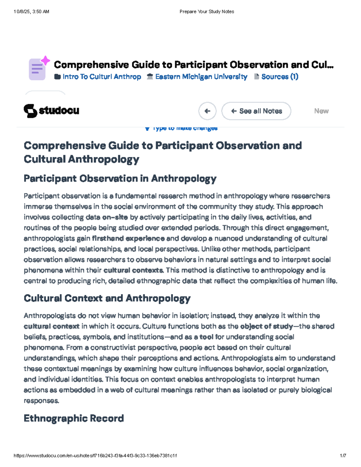Comprehensive Study Notes on Participant Observation in ANTH 135 - Studocu