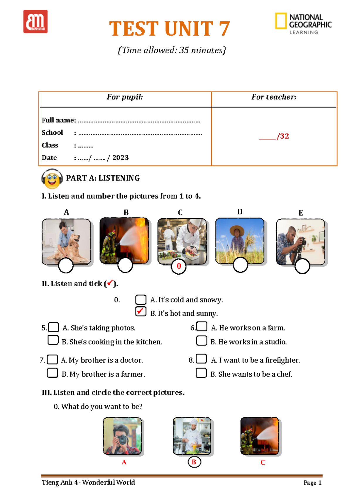 G4 U7 test unit 7 listening and reading comprehension exam - Studocu