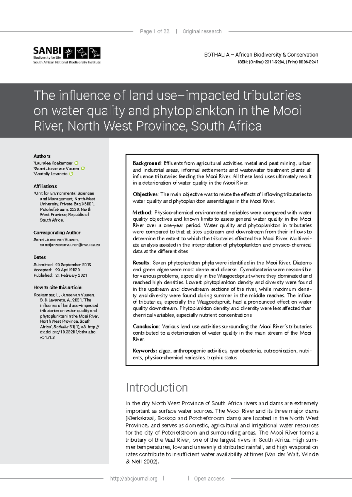 Koekemoer et al. 2022: Impact of Land Use on Water Quality ...