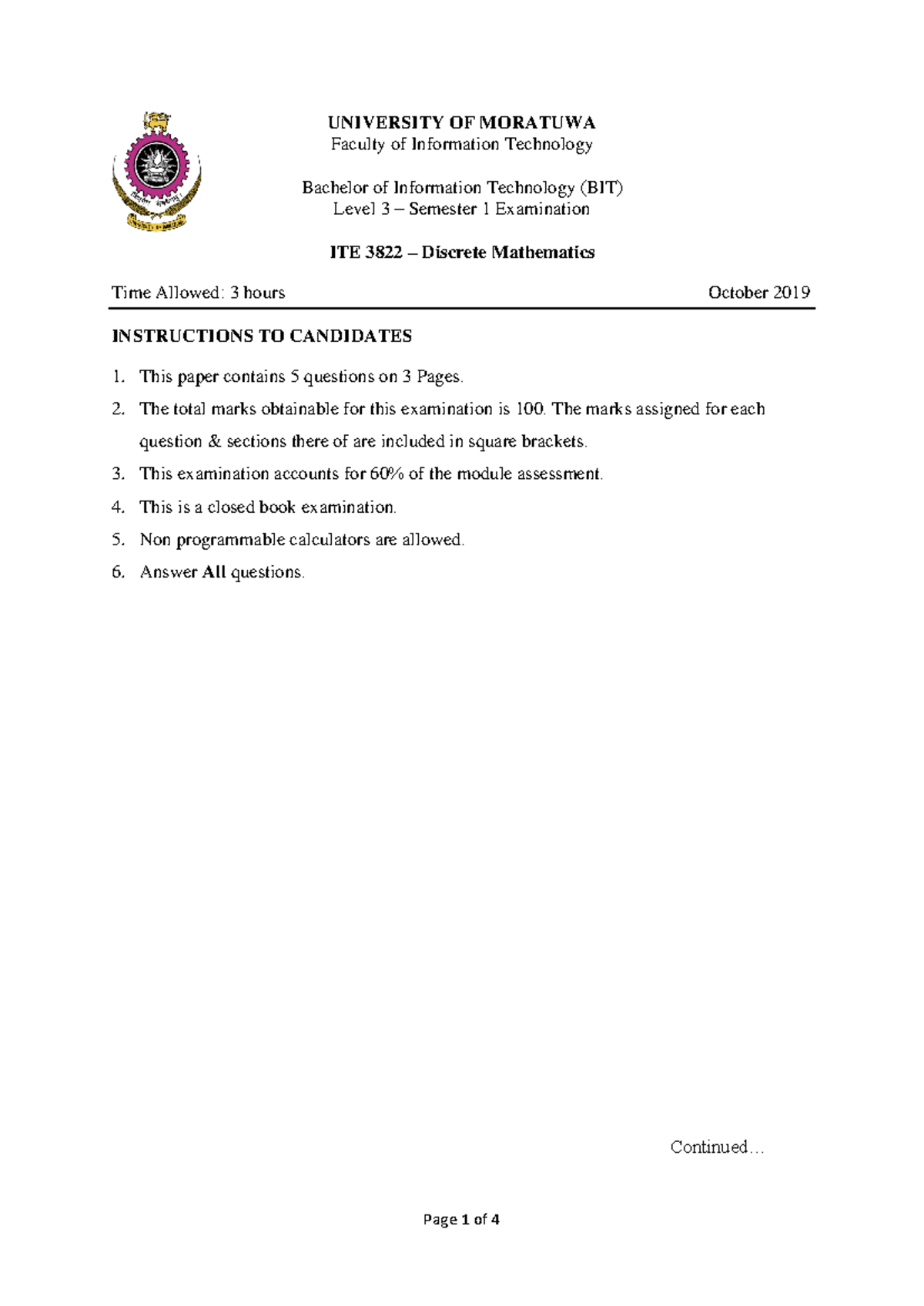 Final Exam ITE 3822 - Discrete Mathematics, October 2019 - Studocu