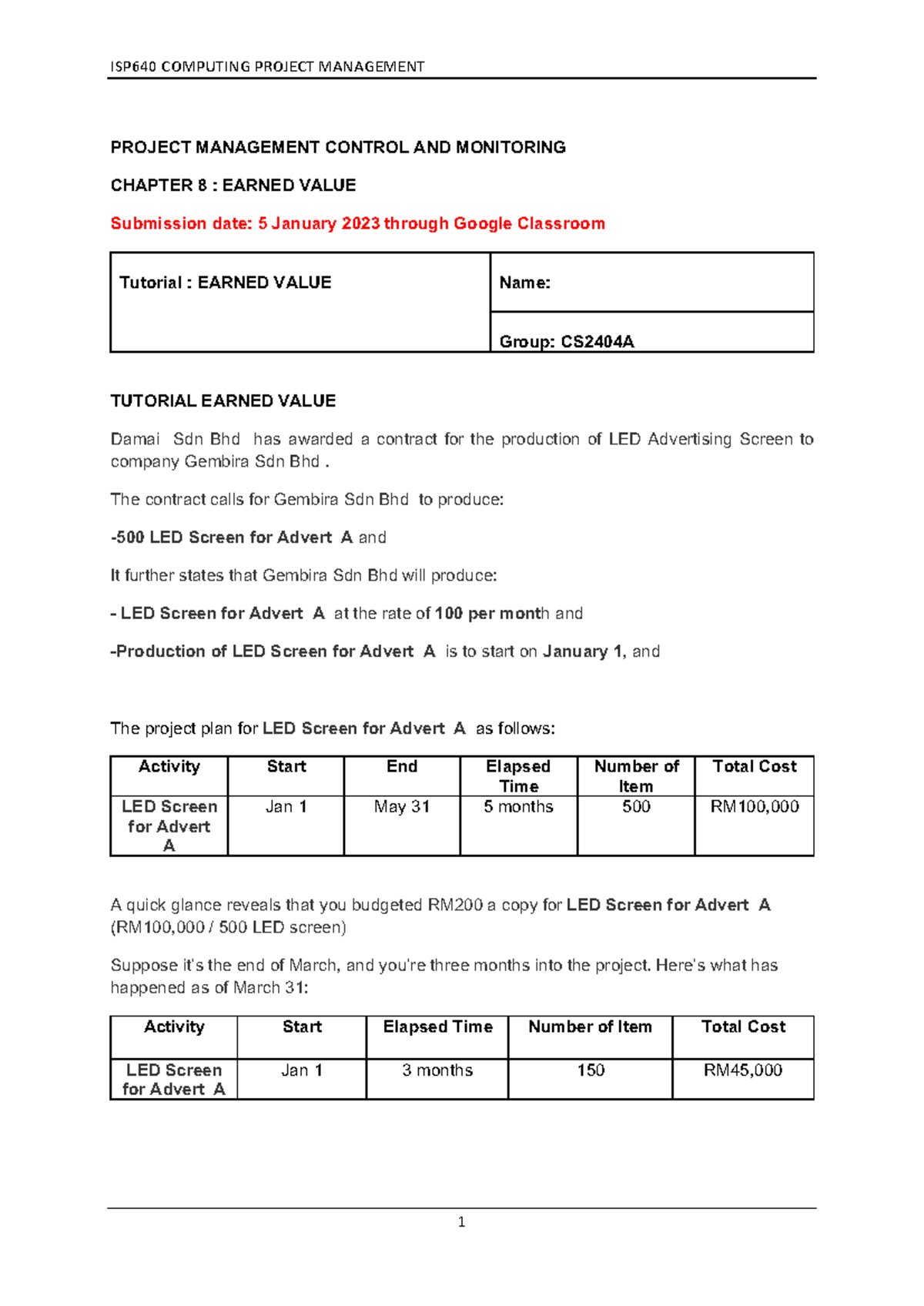 Tutorial Earned Value Question - PROJECT MANAGEMENT CONTROL AND ...