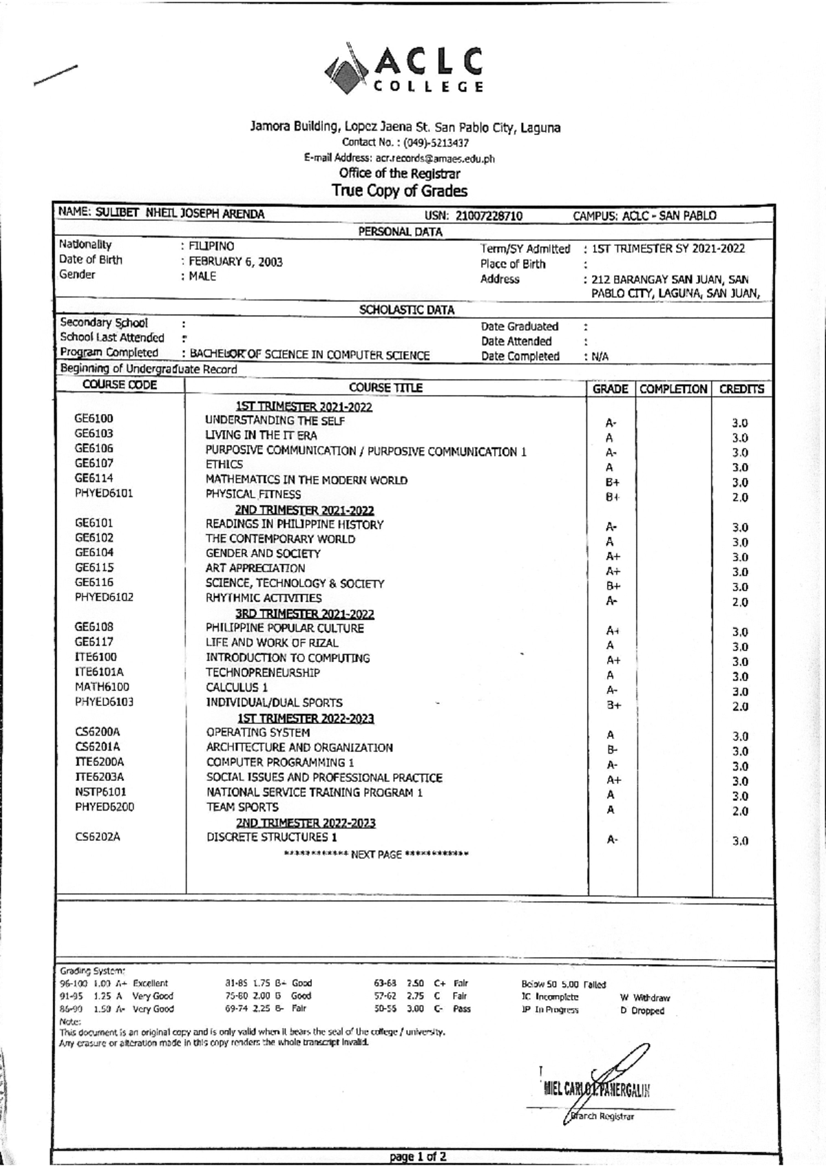 Sulibet - COR - Official Transcript of Grades for BS Computer Science ...