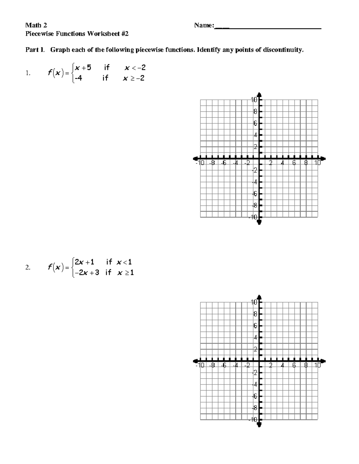 Math 2 - Piecewise Functions Worksheet for Graphing & Evaluation - Studocu