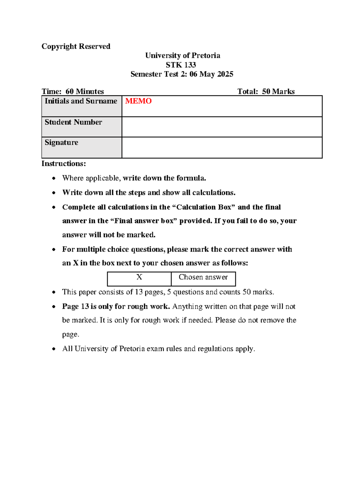 STK 133 Semester Test 2 2025: Detailed Memo and Solutions - Studocu