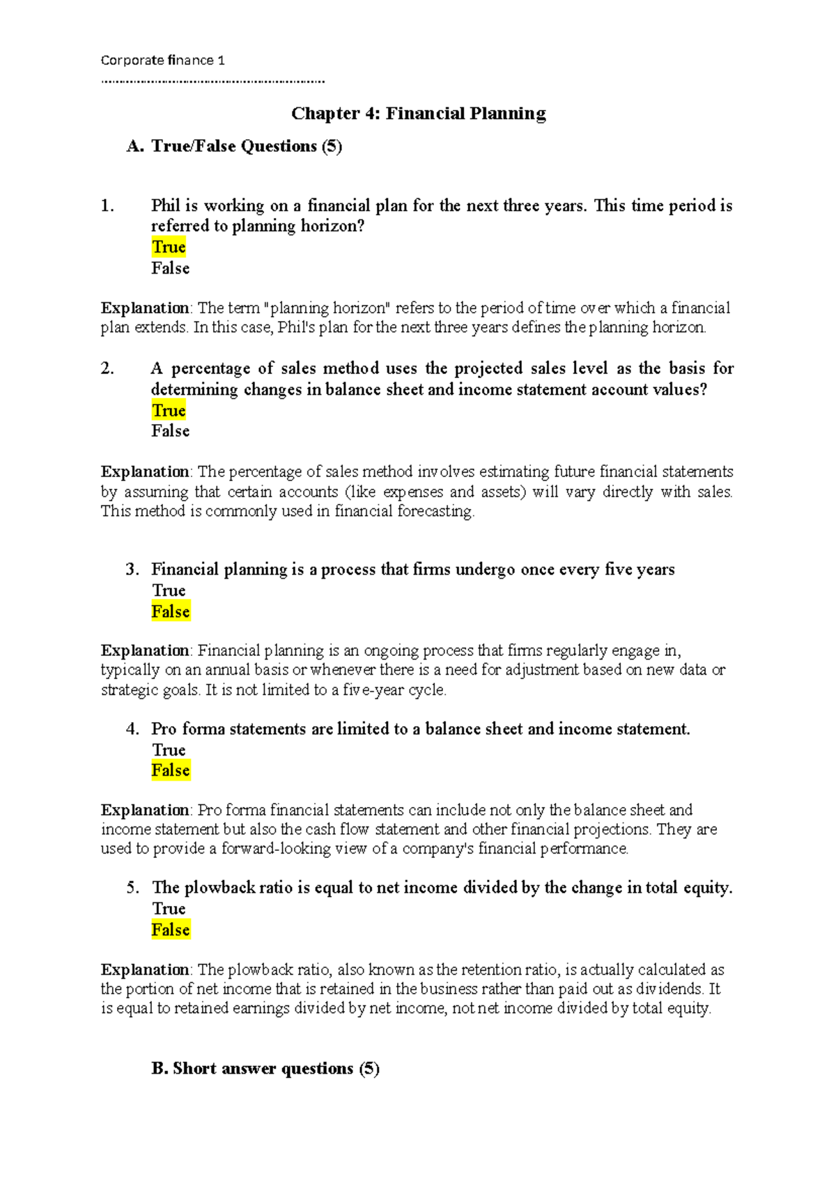 Corporate Finance 1: Chapter 4 Financial Planning Questions & Answers ...