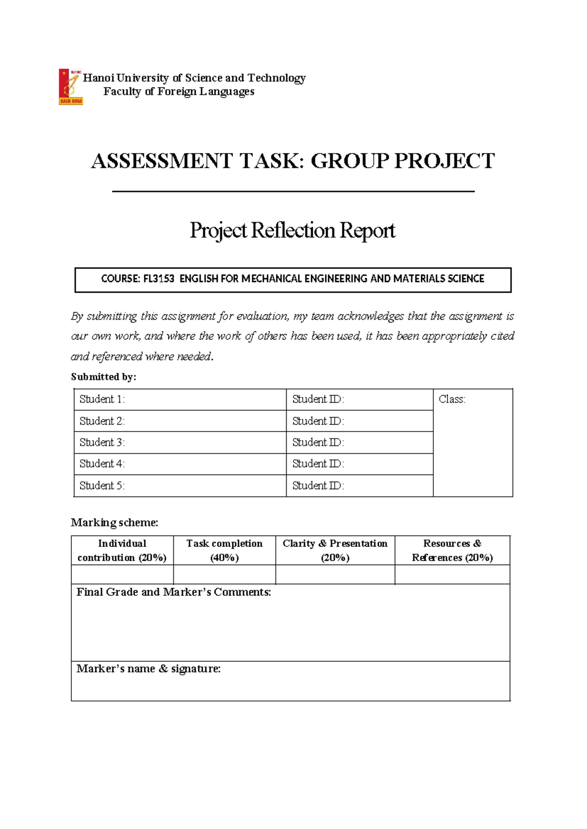 2025. FL3153- Reflection- Report- Template - Hanoi University of ...