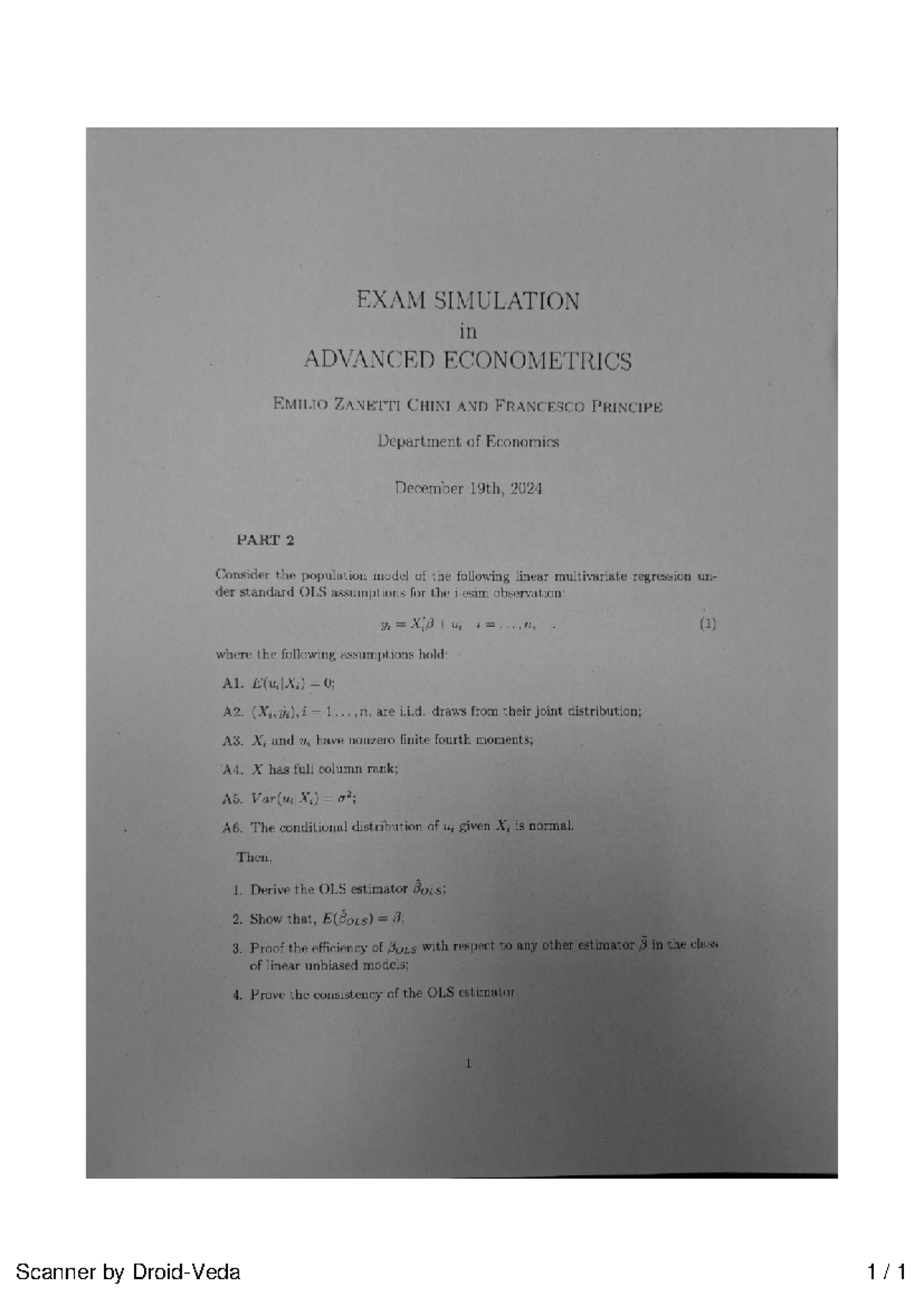 Exam Simulation: Advanced Econometrics (2024) - Part 2 Analysis - Studocu