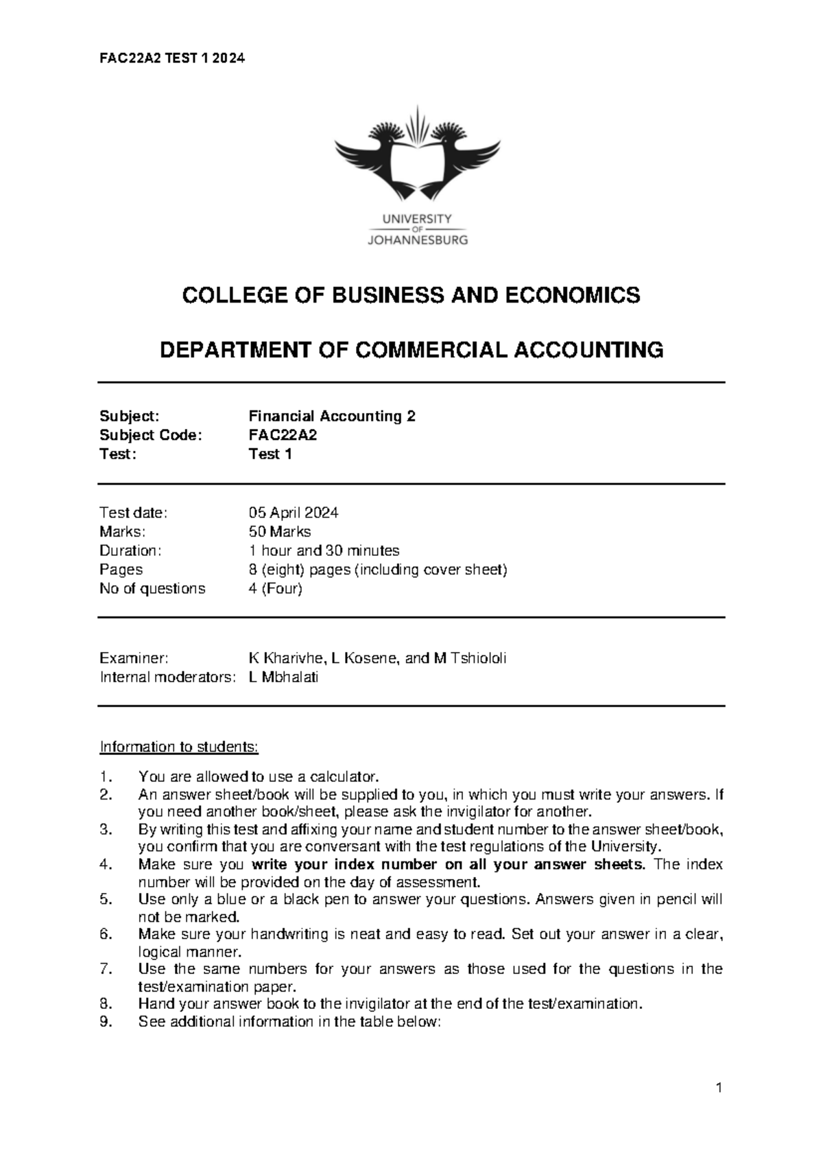 FAC22A Test 1 Questions and Solutions - Financial Accounting 2 - 2024 ...