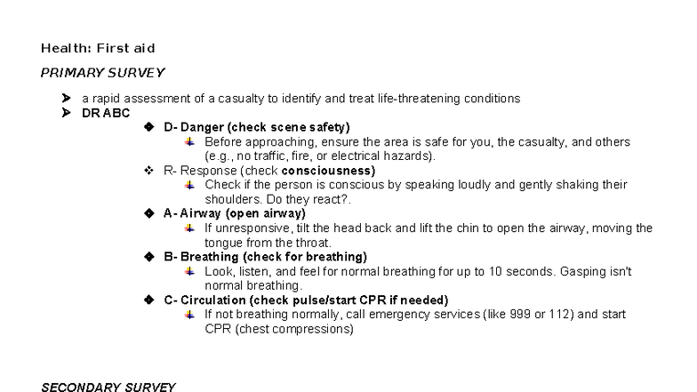 Health: First Aid Basics & Primary Survey Techniques - Studocu
