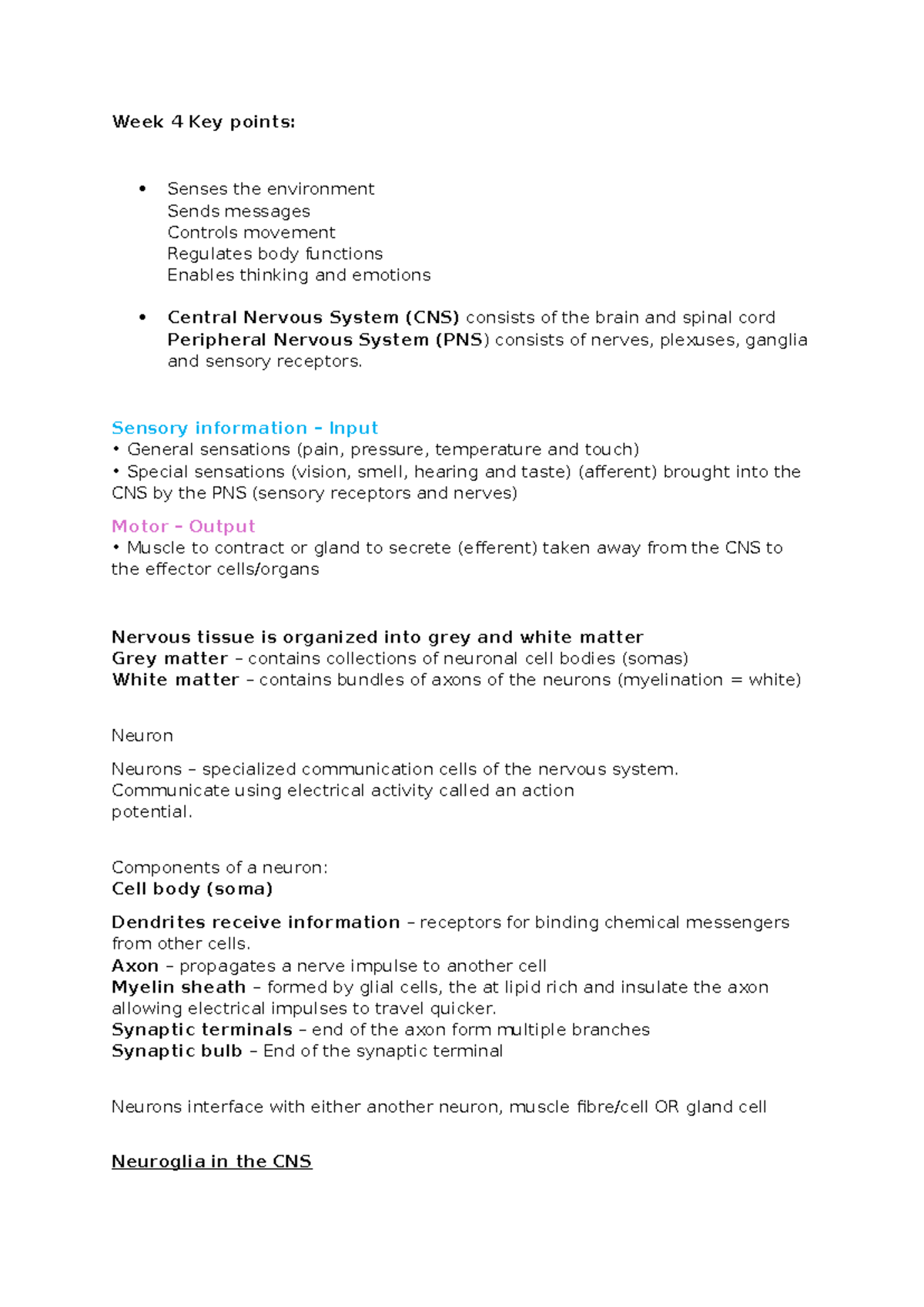Week 4 Lecture Notes: Central Nervous System Overview - Studocu