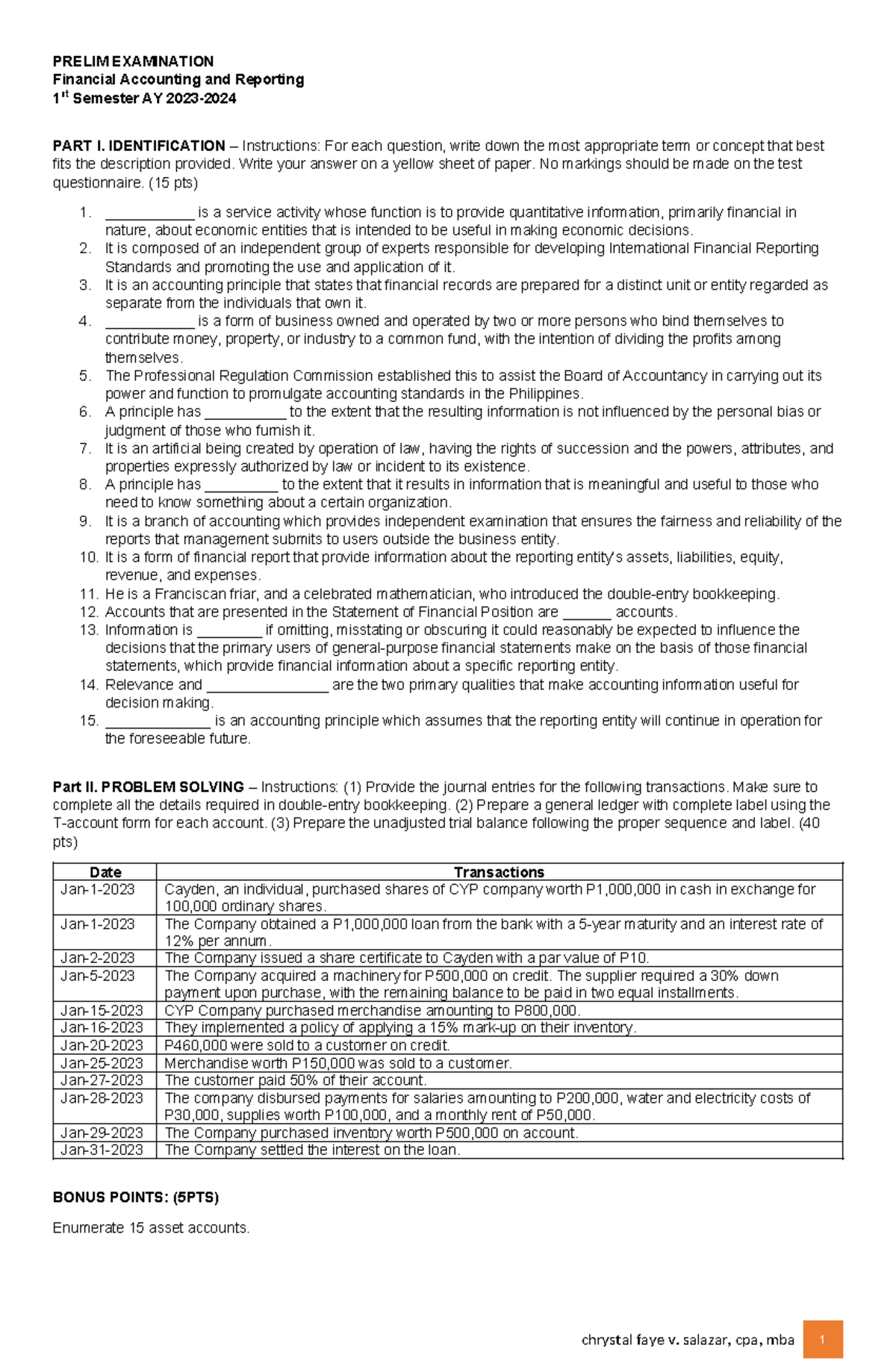 PRELIM EXAM Financial Accounting & Reporting 1st Sem AY 2023-24 - Studocu