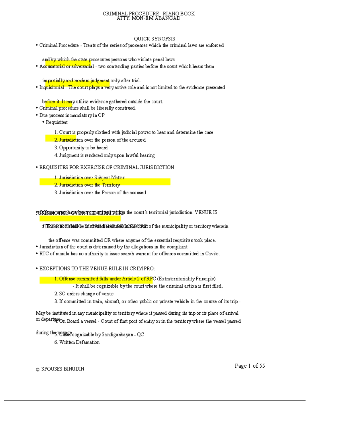 CRIM 101: Quick Synopsis of Criminal Procedure by Atty. Abangad - Studocu