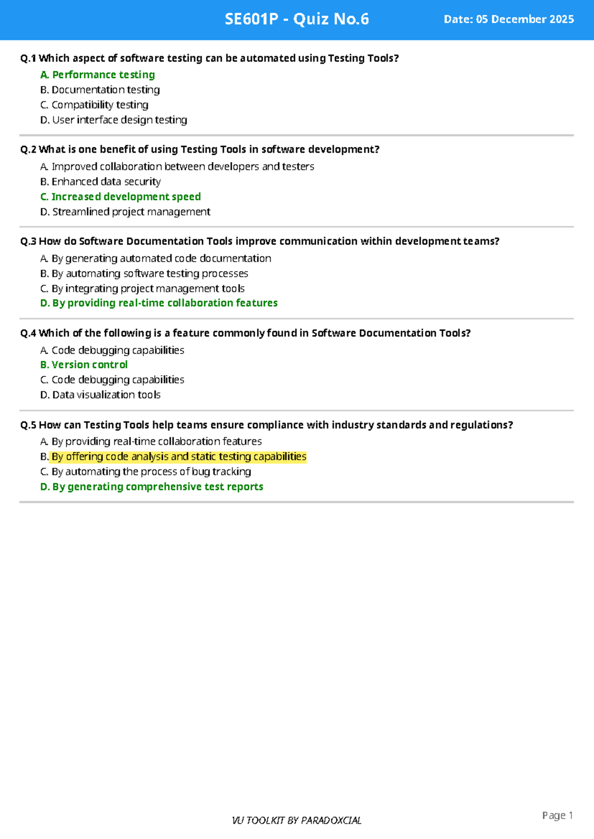 SE601P Quiz No. 6: Software Testing Tools and Benefits - Studocu