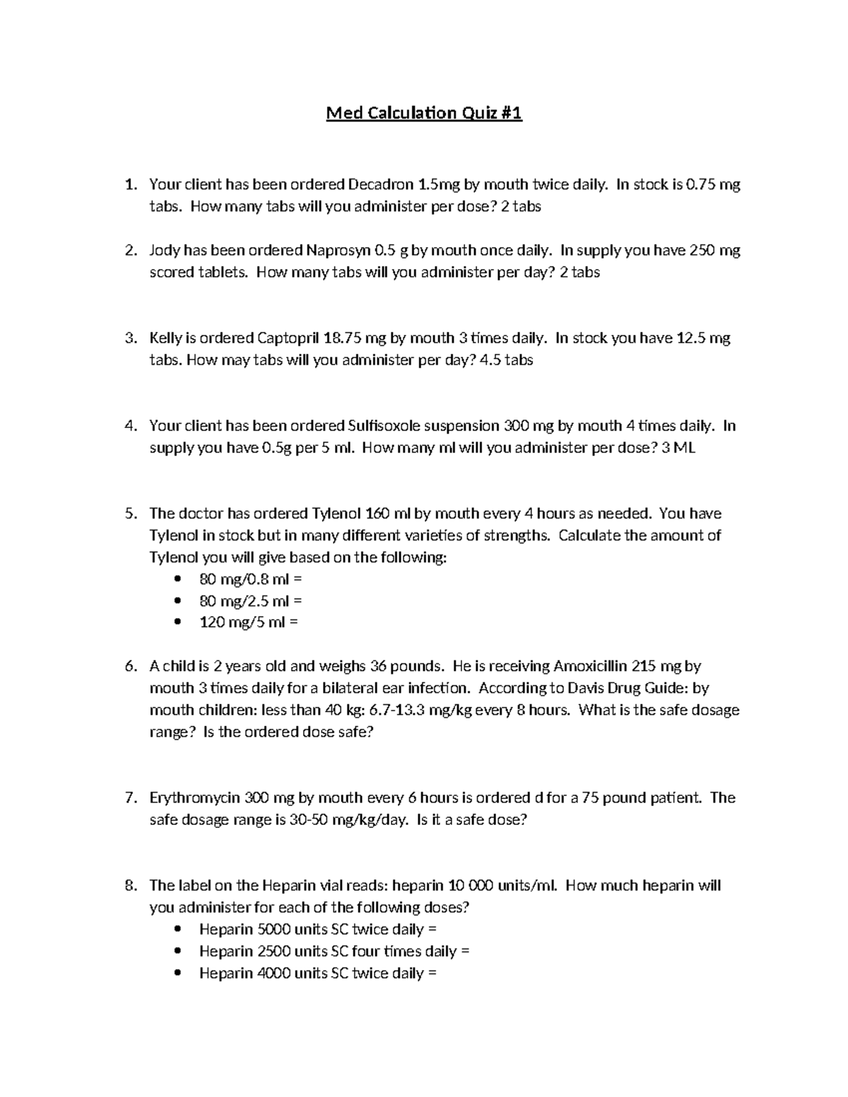 Med Calculation Quiz #1: Dosage Calculations and Safety Checks - Studocu