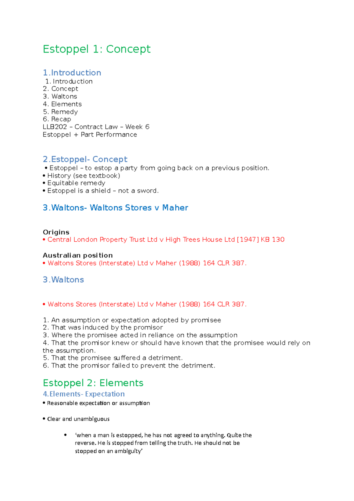 LLB202 – Contract Law – Week 6: Estoppel Concept & Elements Notes - Studocu
