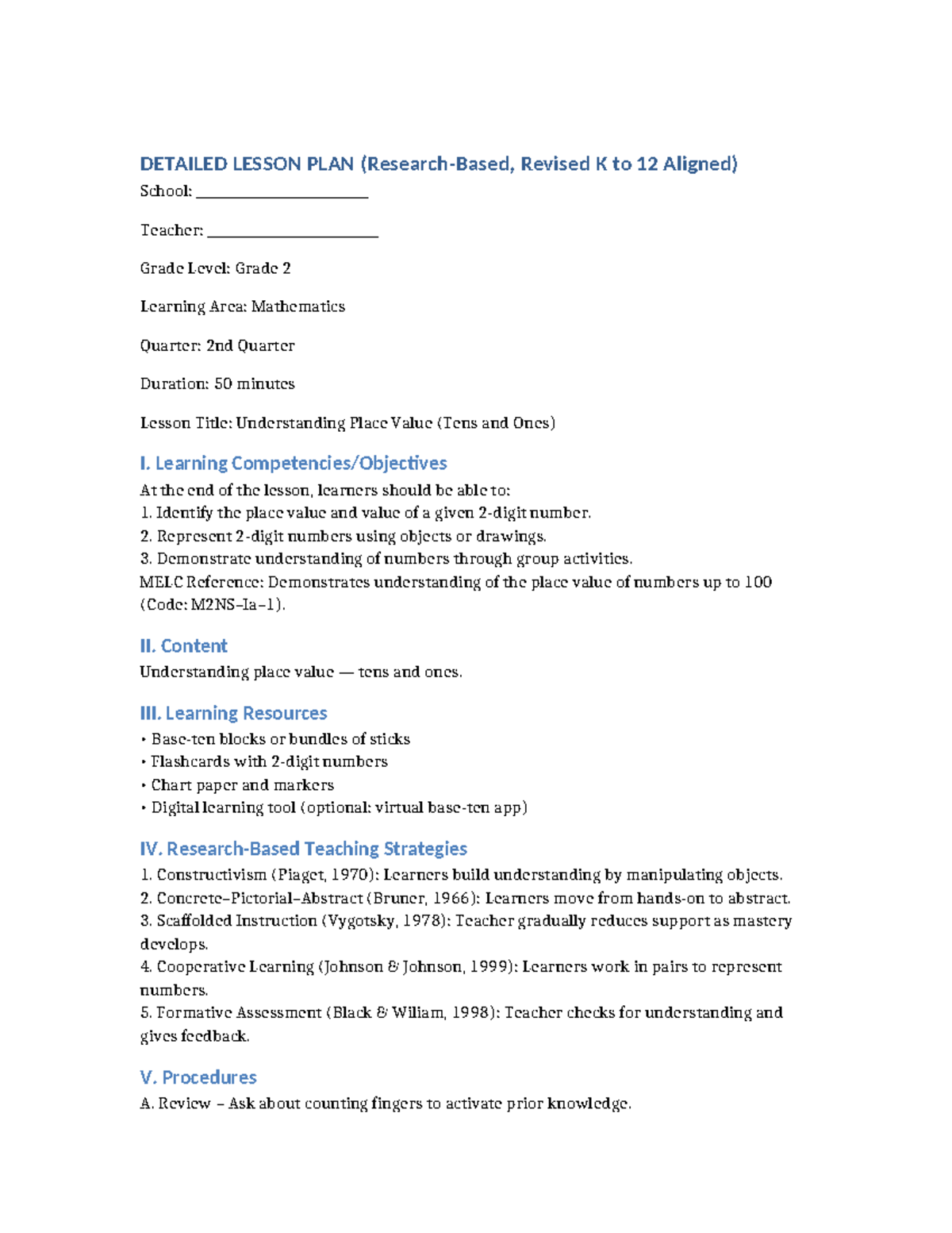 Research-Based DLP: Grade 2 Math - Understanding Place Value - Studocu