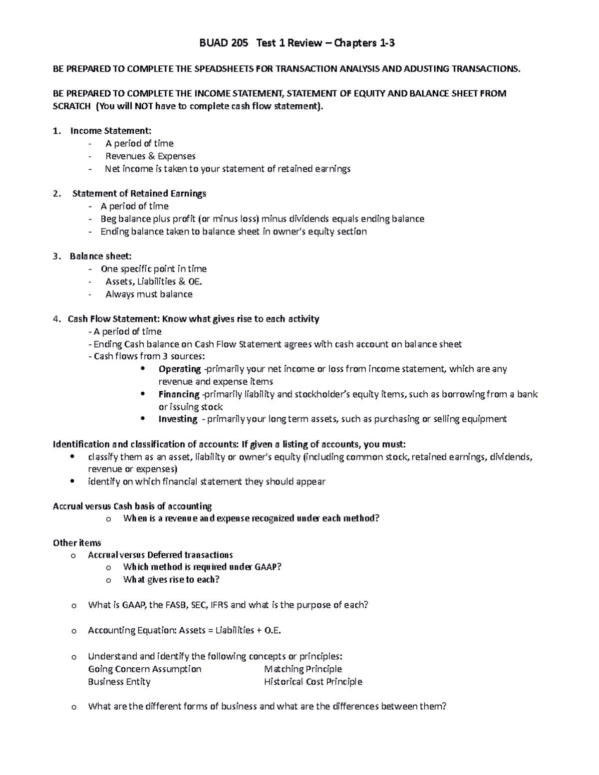 BUAD215 - Test 1 Review: Key Concepts from Chapters 1-3 - Studocu