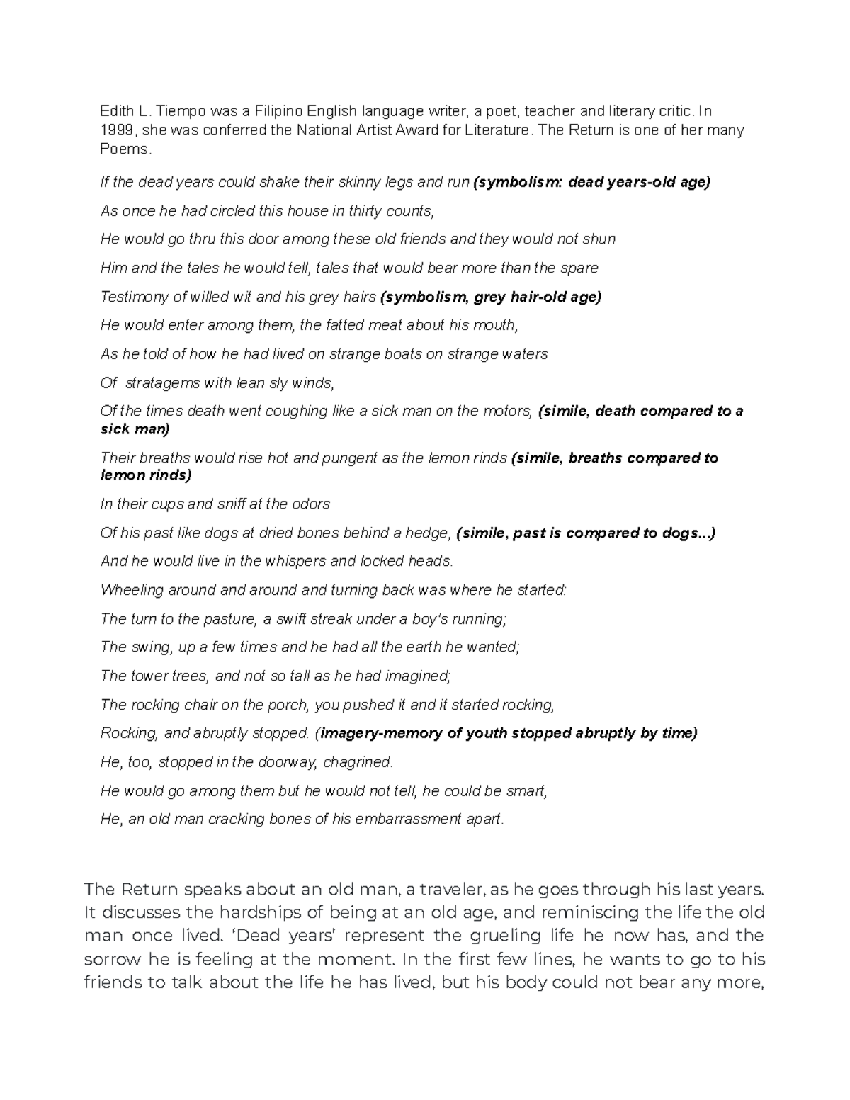 The Return: An Analysis of Edith L. Tiempo's Poem on Aging - Studocu