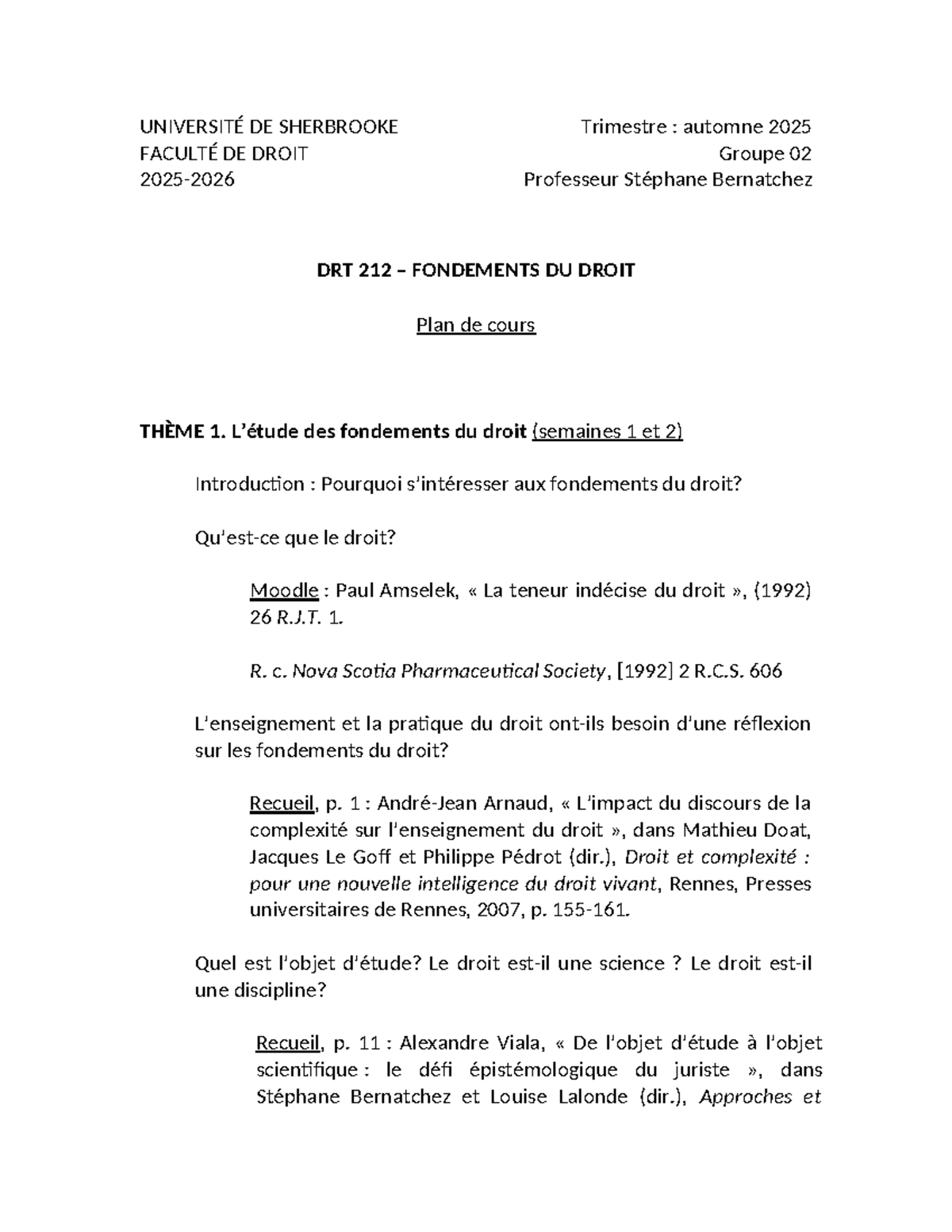 DRT 212 Plan de Cours : Fondements du Droit - Automne 2025 - Studocu
