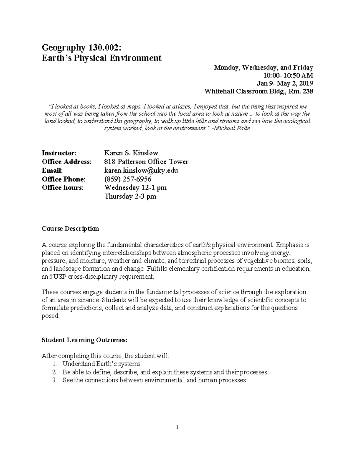 Geography 130.002: Syllabus for Physical Environment Course (Spring ...