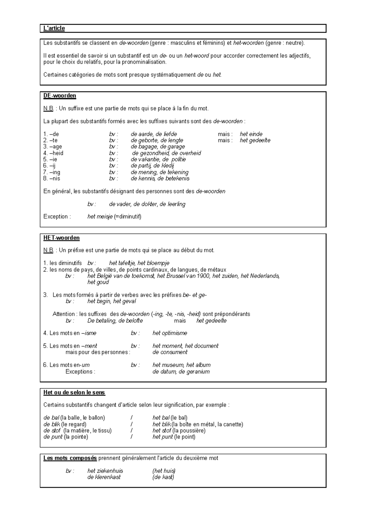 Néerlandais Synthèse 3 : Les Substantifs et leurs Articles - Studocu