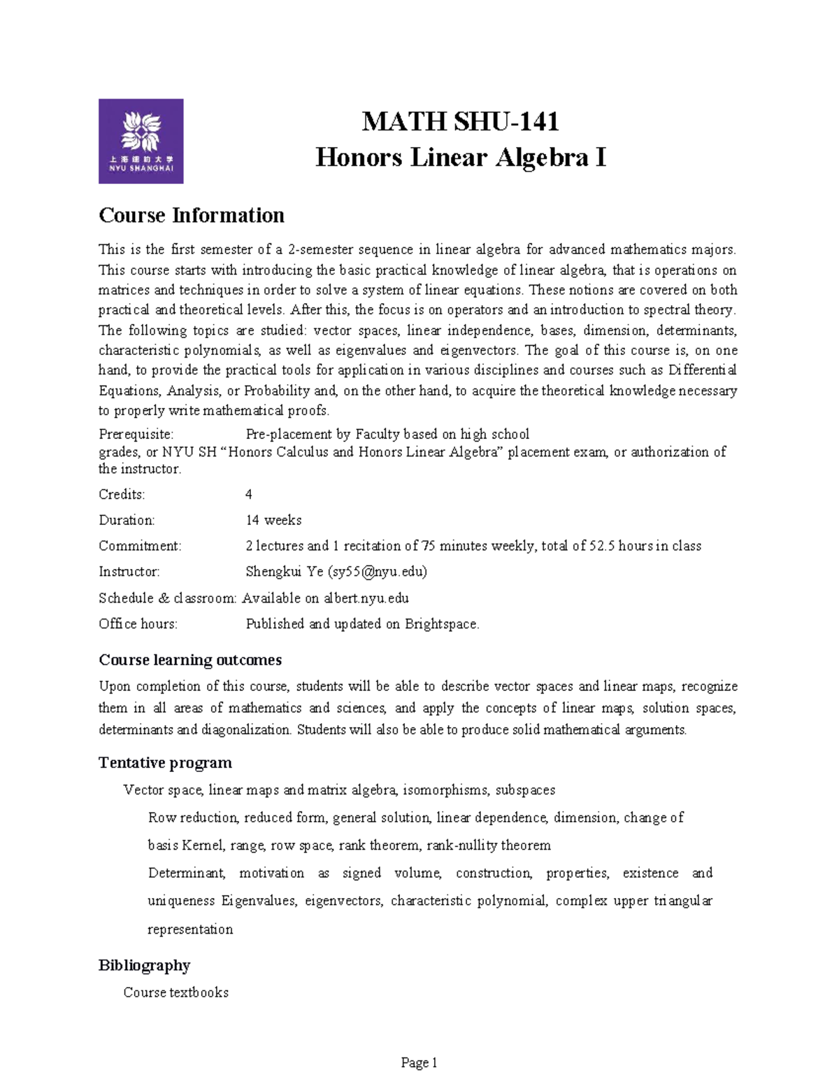 MATH 141: Honors Linear Algebra I Course Syllabus and Info - Studocu