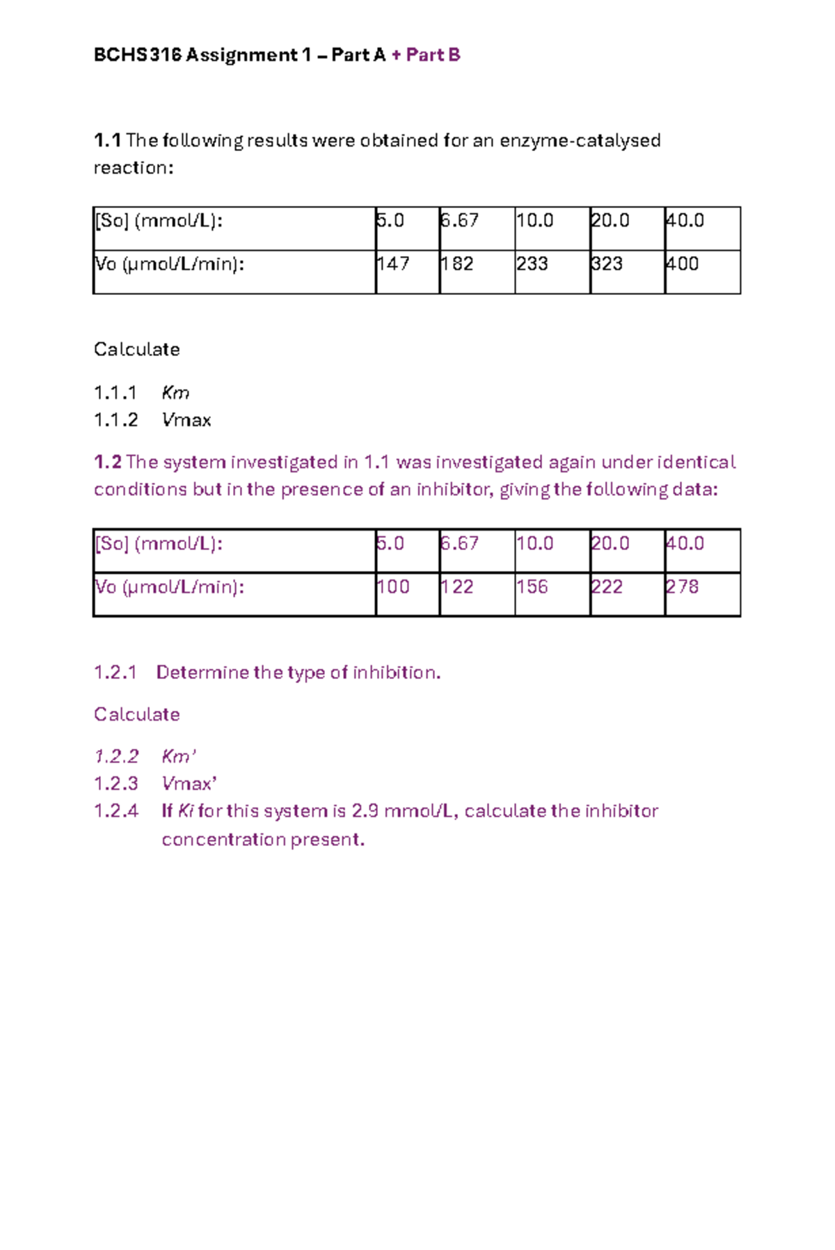 BCHS316 Assignment 1 - Enzyme Kinetics & Inhibition Analysis - Studocu