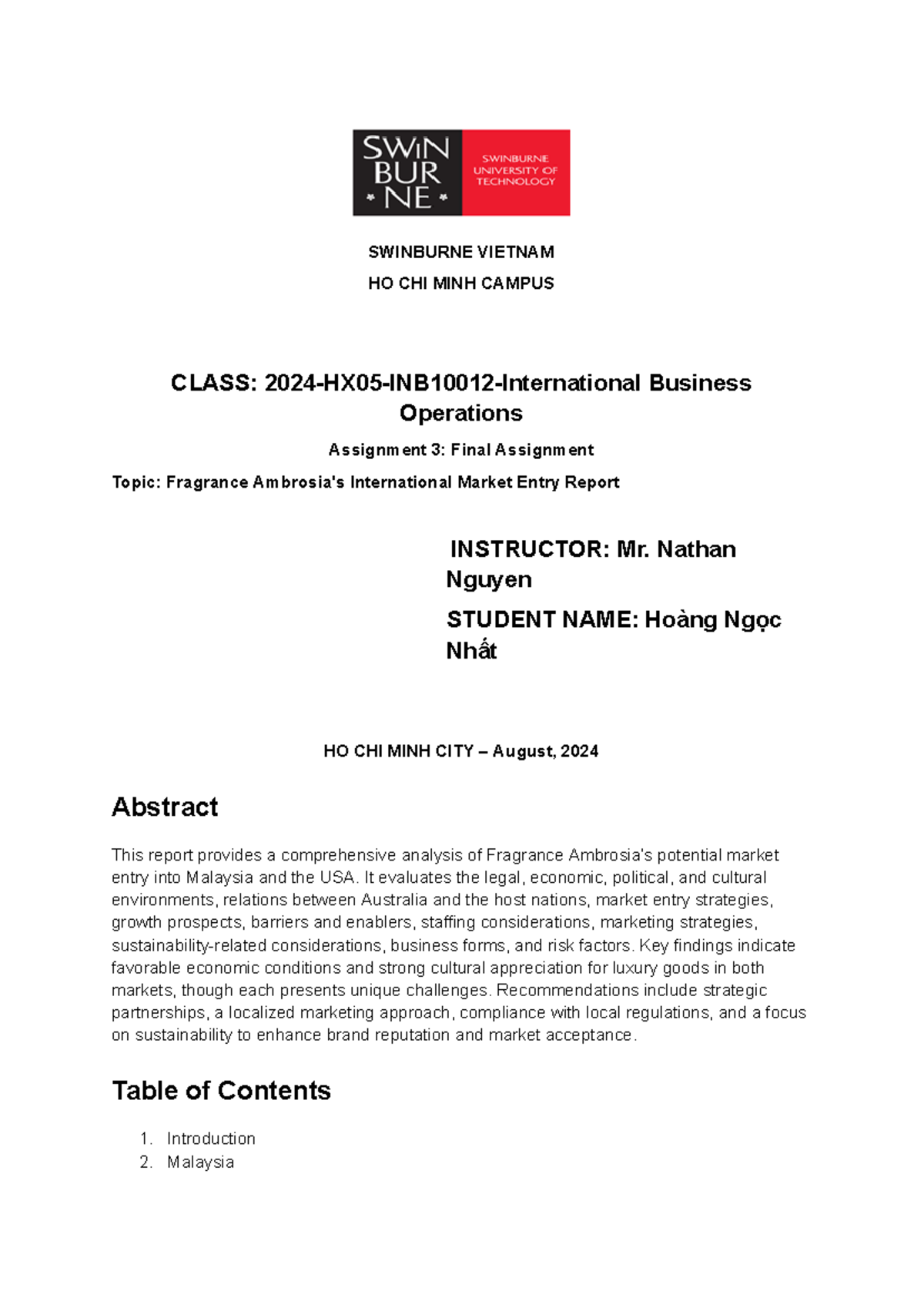 INB 10002 - Assignment 3 - International Market Entry Report of ...