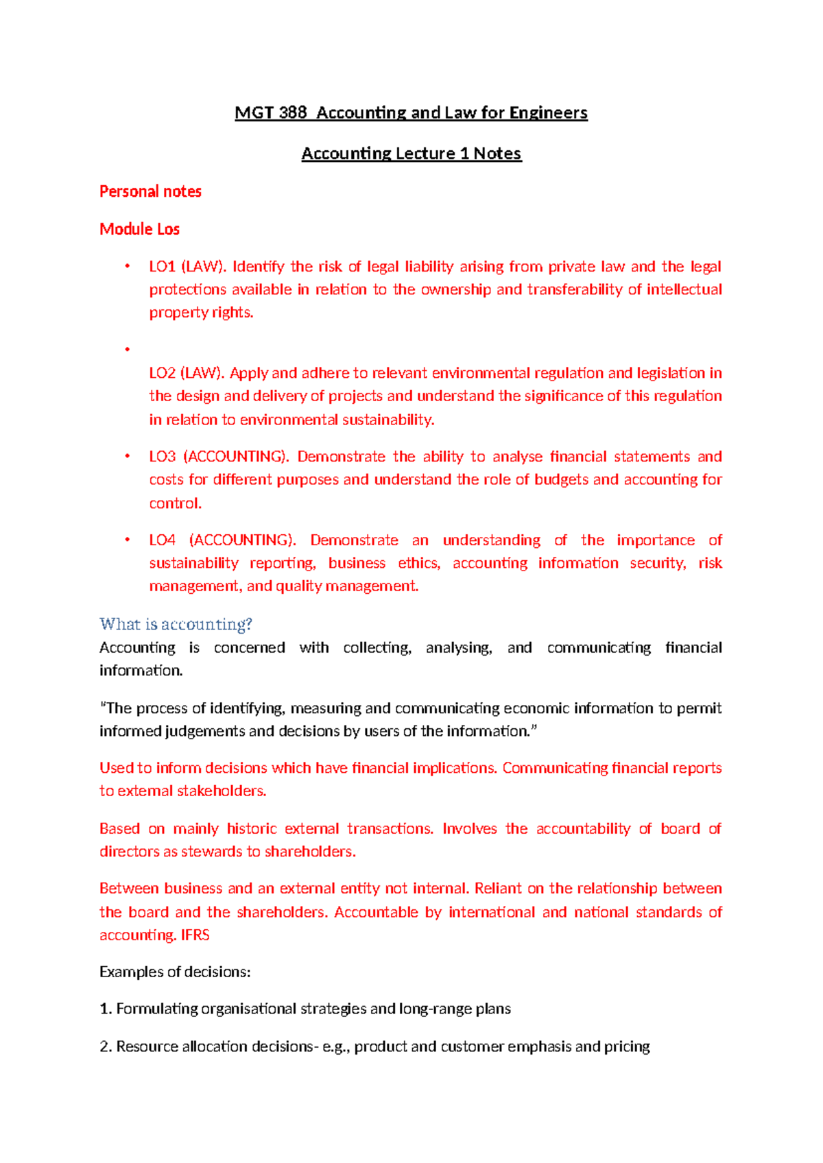 MGT388 Accounting Lecture 1 Detailed Notes and Insights - Studocu