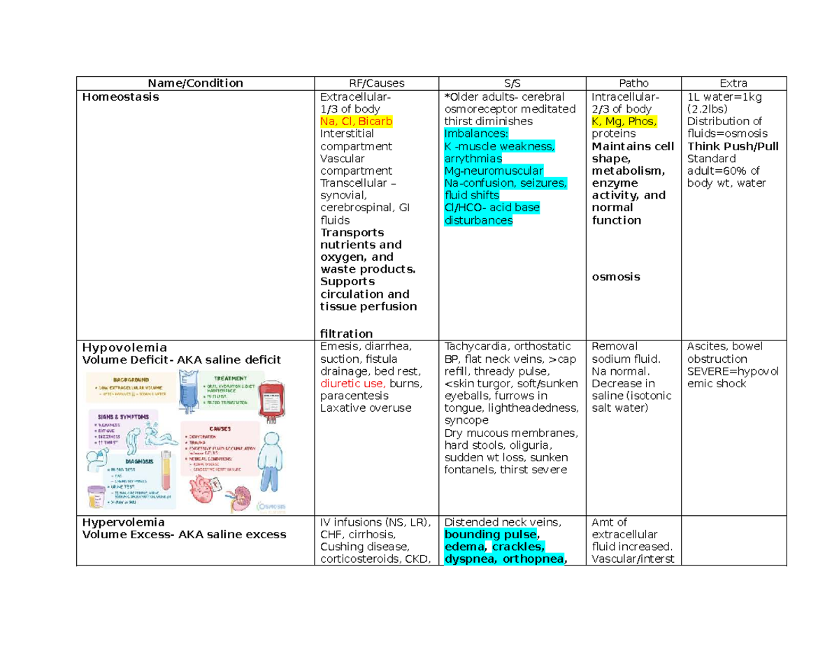 Electrolyte Imbalances & Fluid Homeostasis: Exam 1 Review (NUR 101 ...