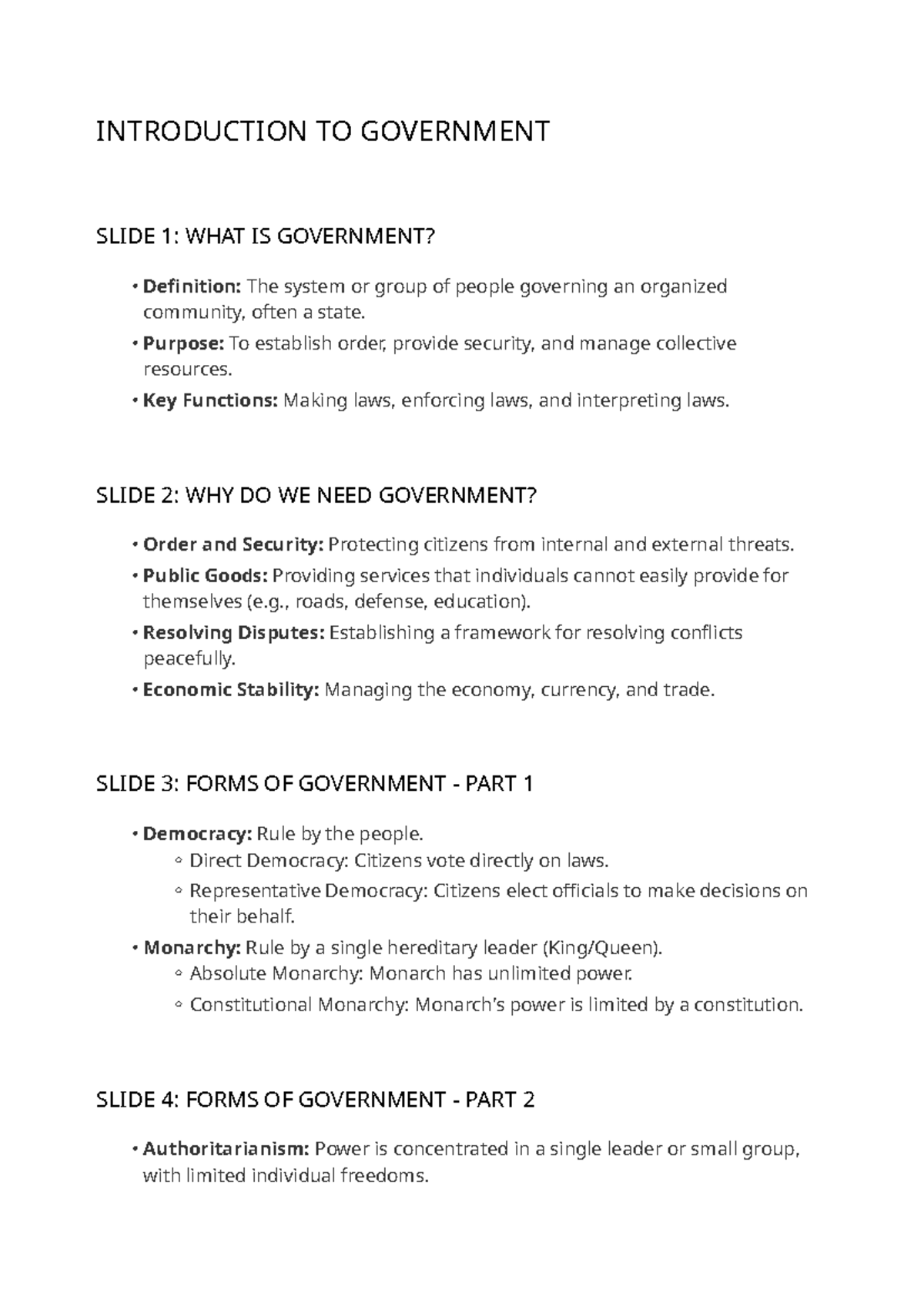 GOVT 101: Introduction to Government Lecture Slides - Studocu