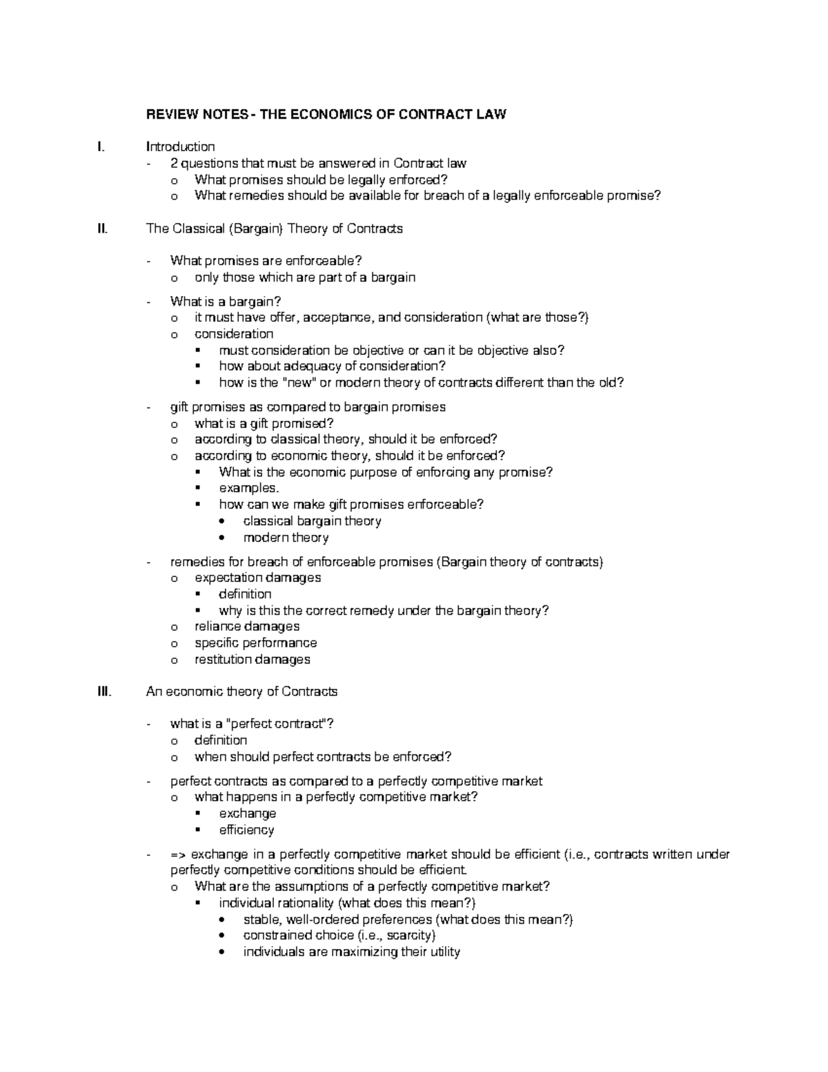 REVIEW NOTES - THE ECONOMICS OF CONTRACT LAW - Introduction 2 questions ...