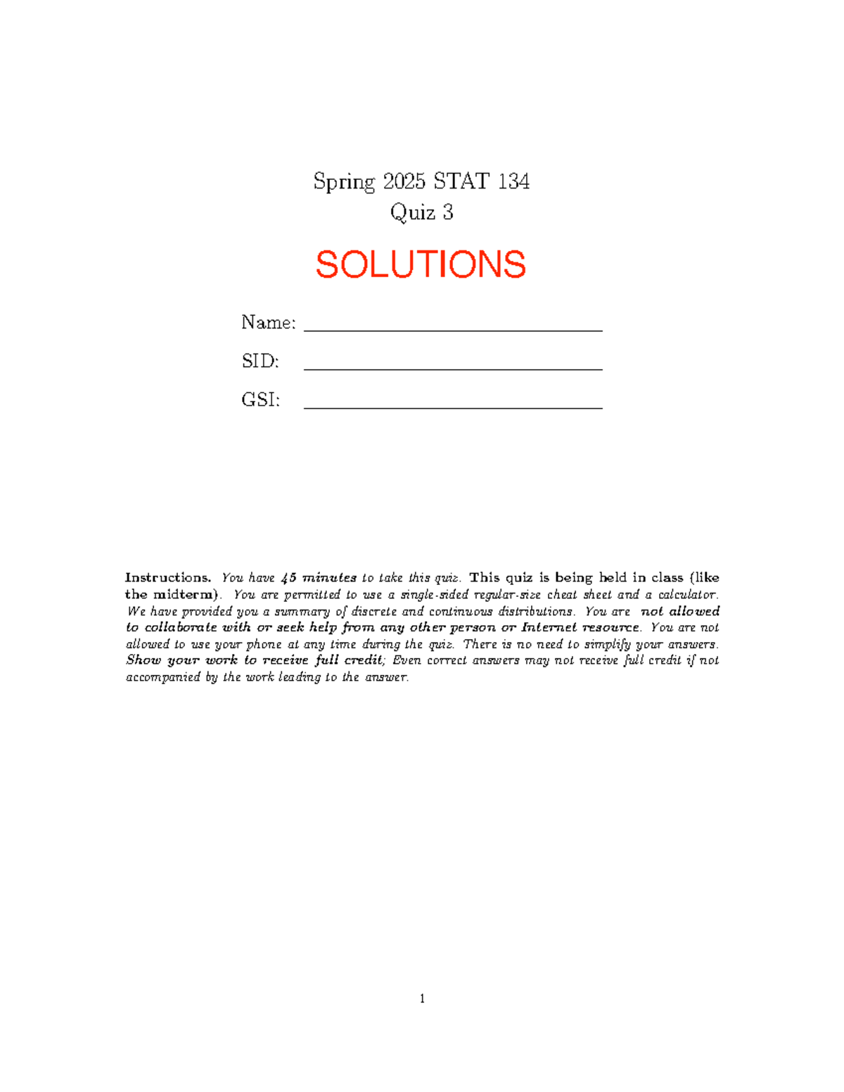 Spring 2025 STAT 134 Quiz 3 Solutions & Probability Concepts Review ...