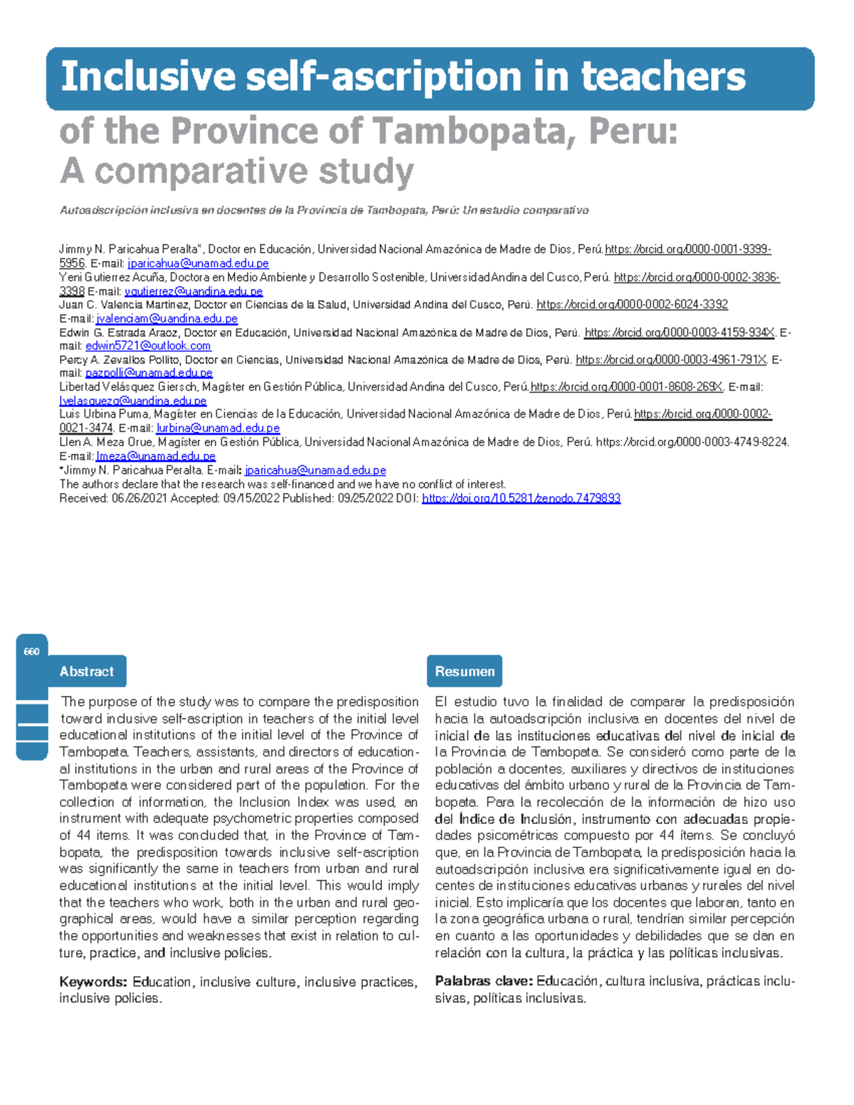 Comparative Study on Inclusive Self-Ascription in Teachers of Tambopata ...