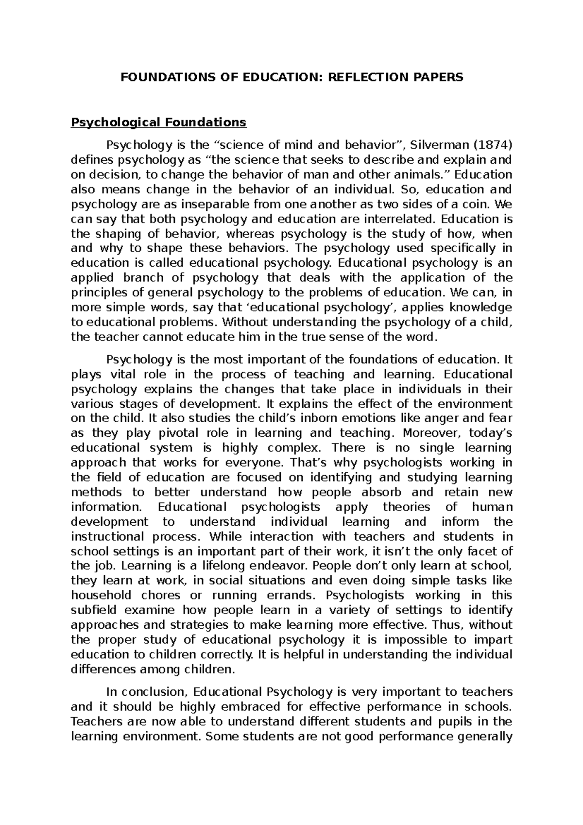 Foundations of Education Reflection Papers (MA'AM Asher) - Studocu