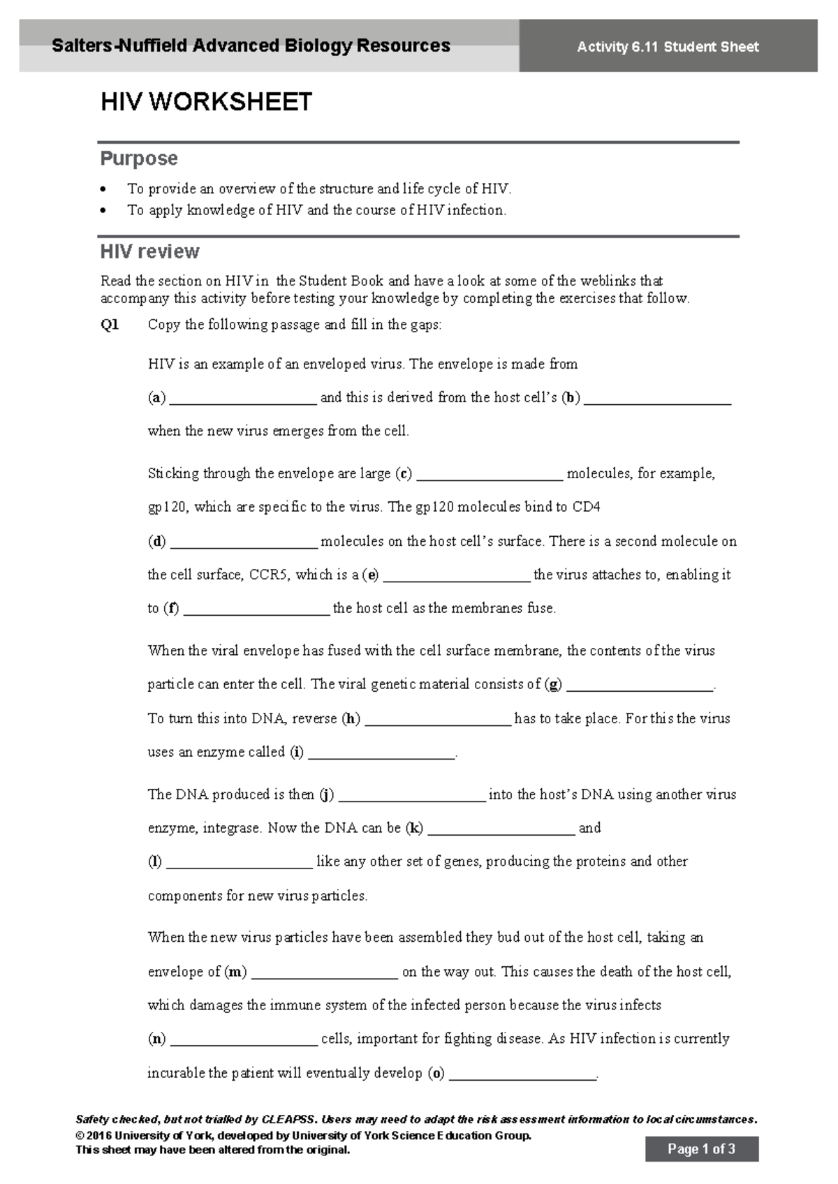 Activity 6.11 Student Sheet: Understanding HIV Structure & Lifecycle ...