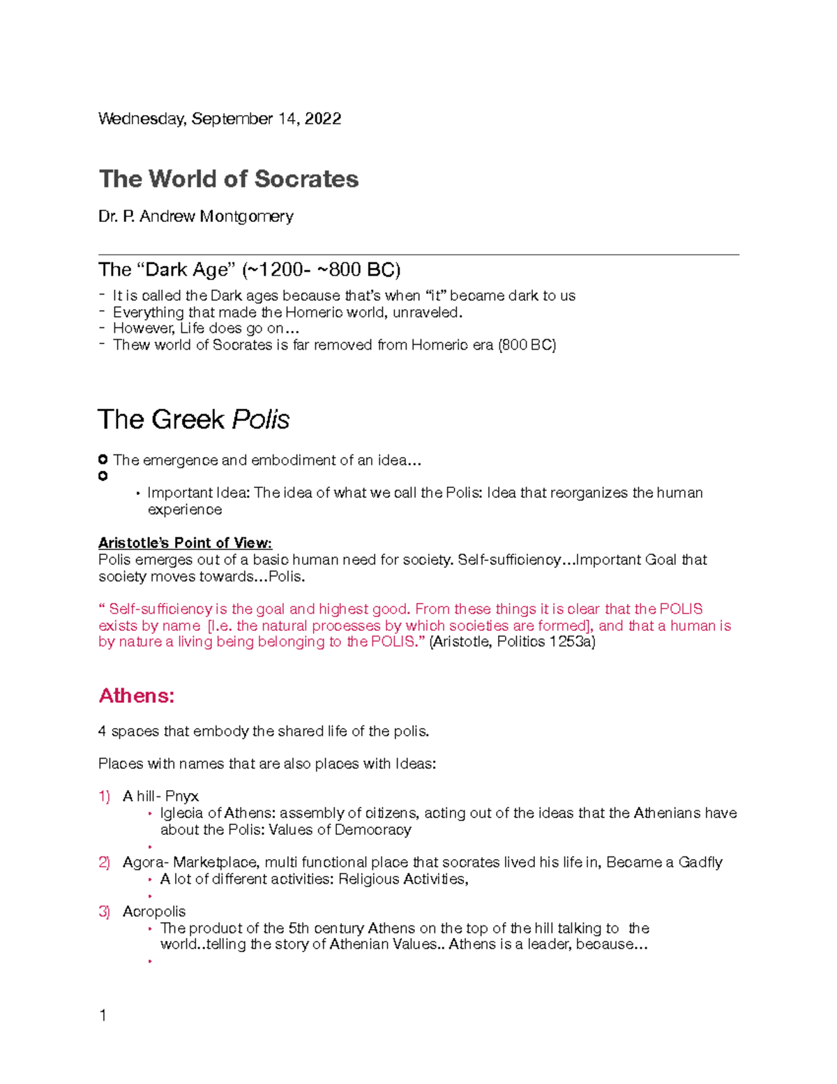 Classics 303: The World of Socrates Lecture Notes - Dr. Montgomery ...