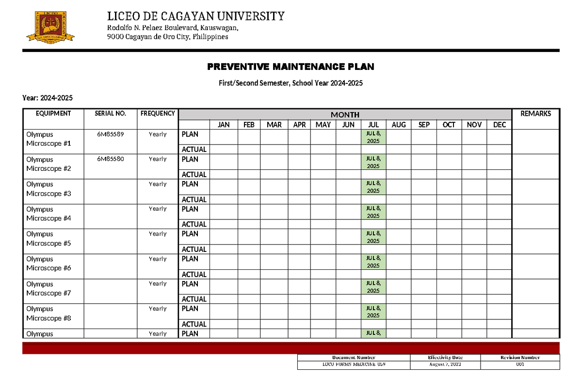 Preventive Maintenance Plan for Olympus Microscopes - LICEO 2023 - Studocu