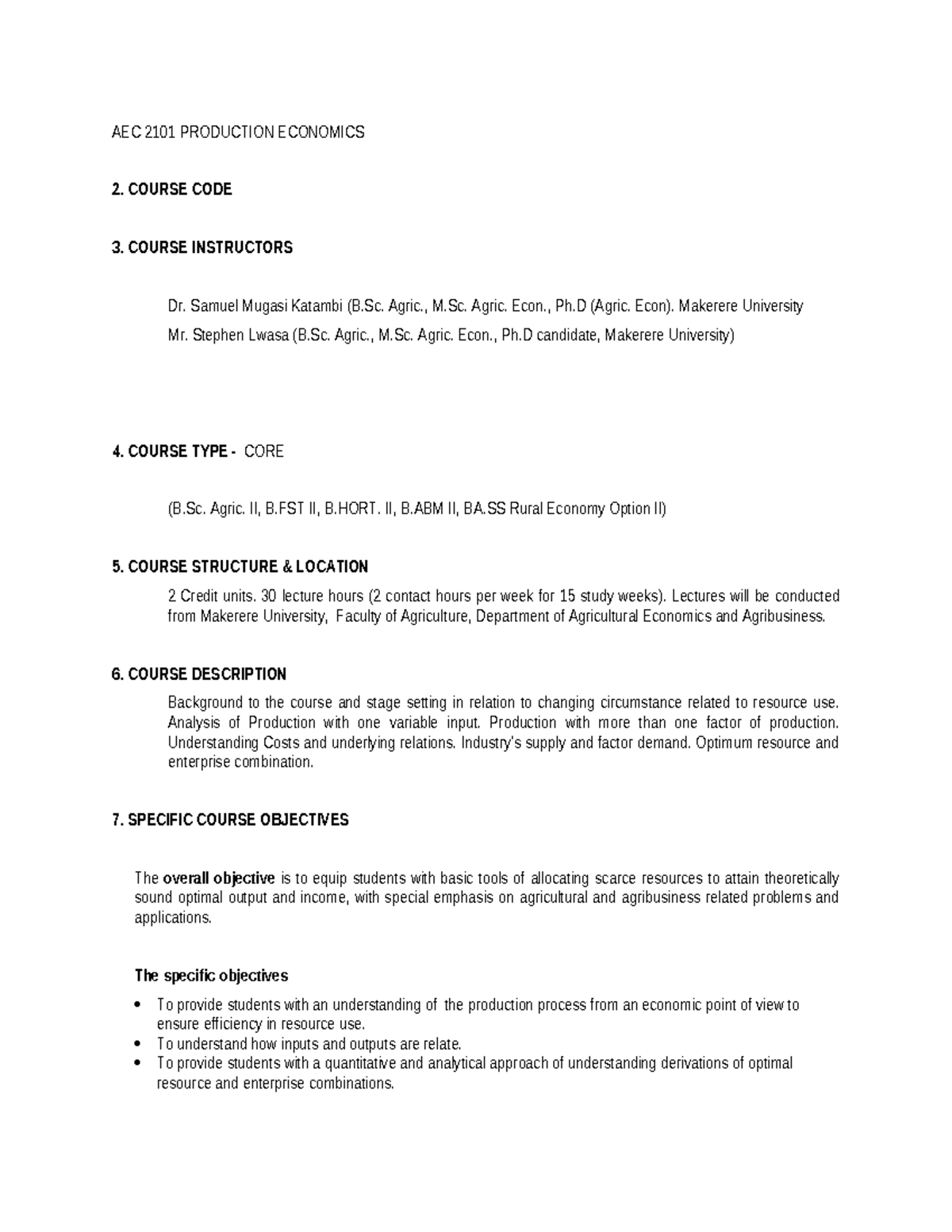 AEC 2101 Production Economics: Course Overview and Assessment Guide ...