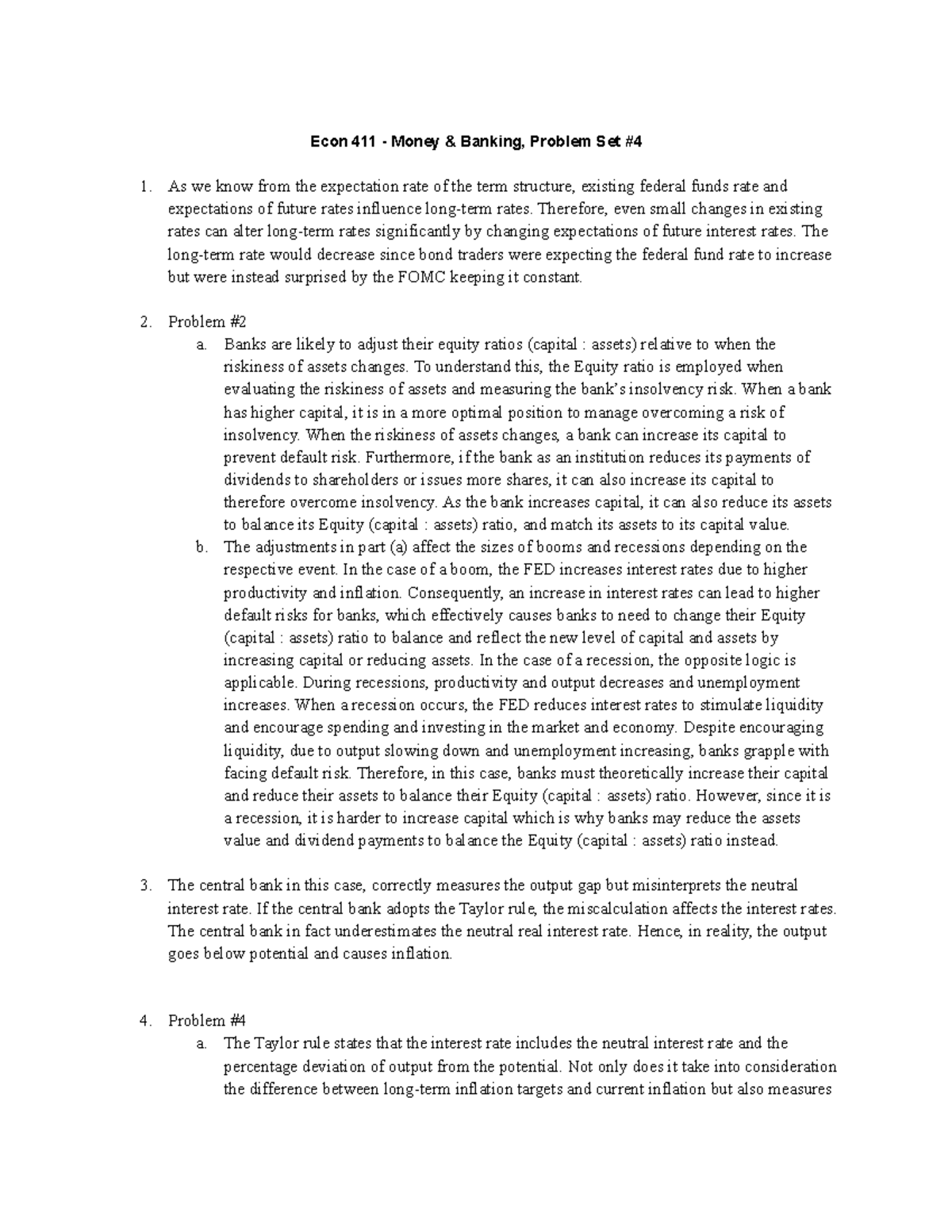 ECON 411 Money & Banking Problem Set 4 Detailed Solutions - Studocu