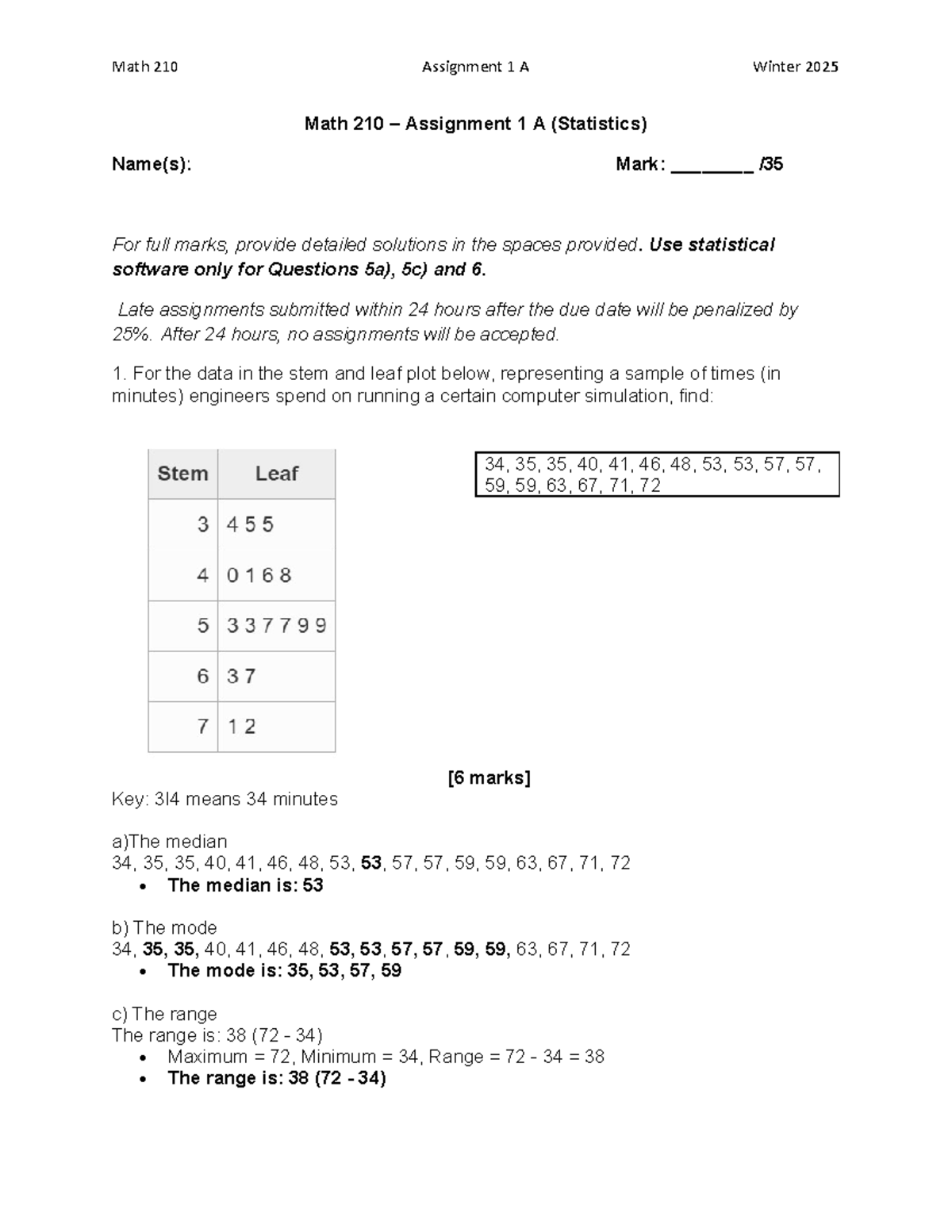 Math 210 - Assignment 1A - Statistics - Math 210 – Assignment 1 A ...