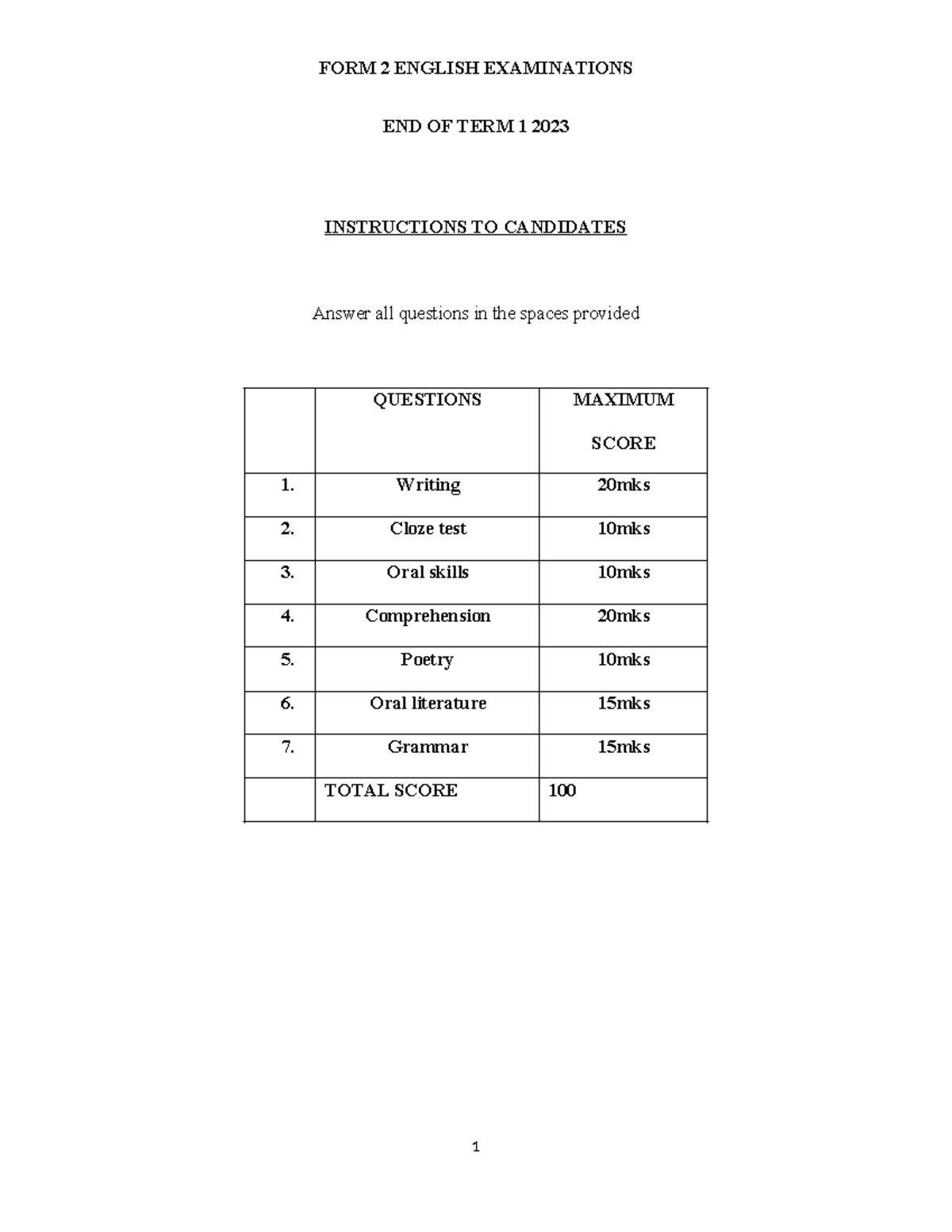 English FORM 2 TERM 1 2023 EXAMINATION QUESTIONS AND MARKING SCHEME ...