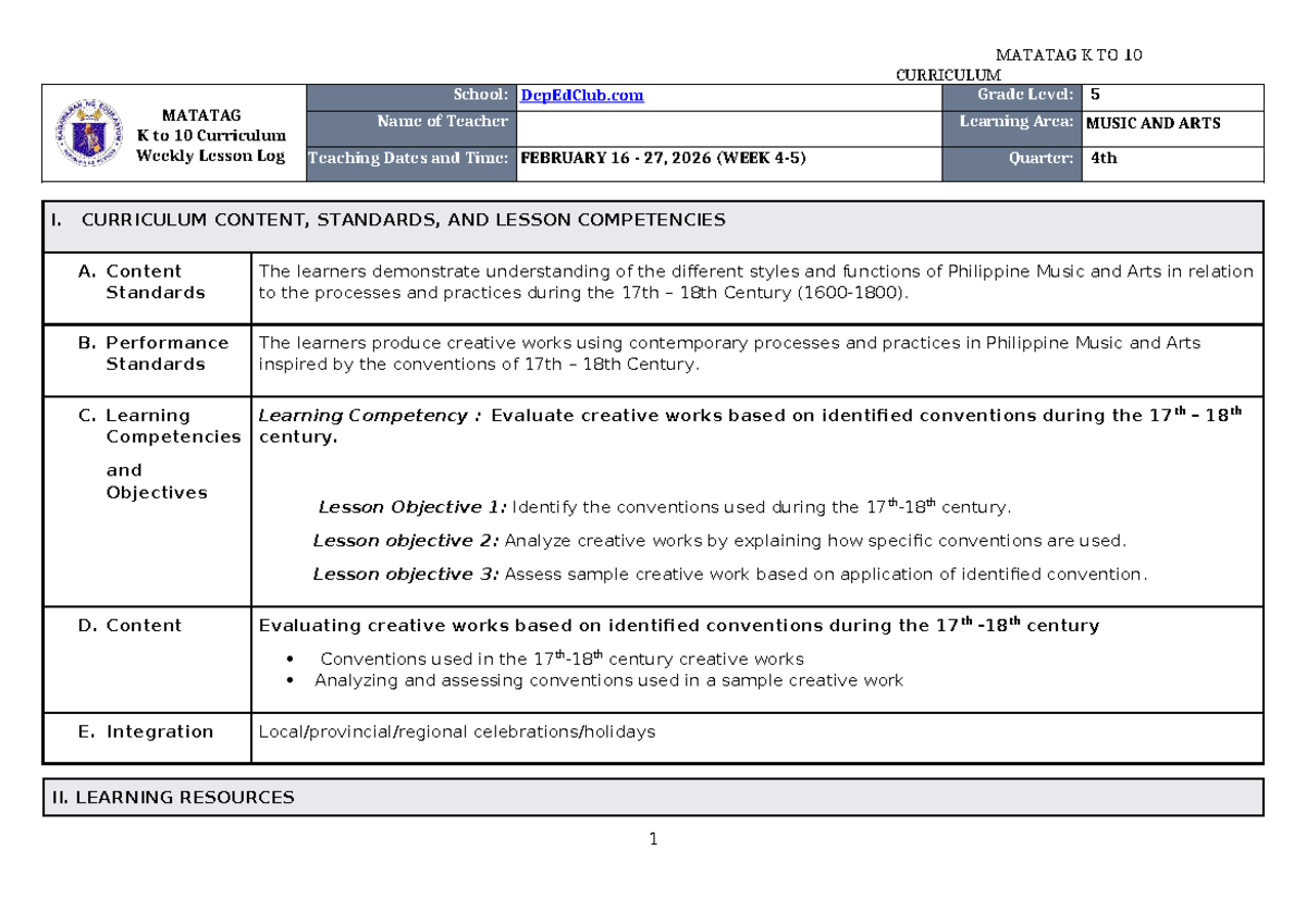 DTC DLL Matatag Music & Arts 5 Q4 Weekly Lesson Log W4-5 - Studocu