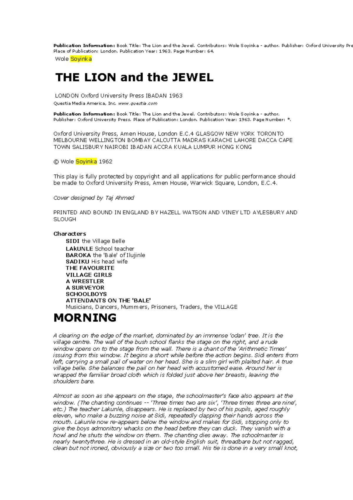The Lion and the Jewel - Play Script - Studocu