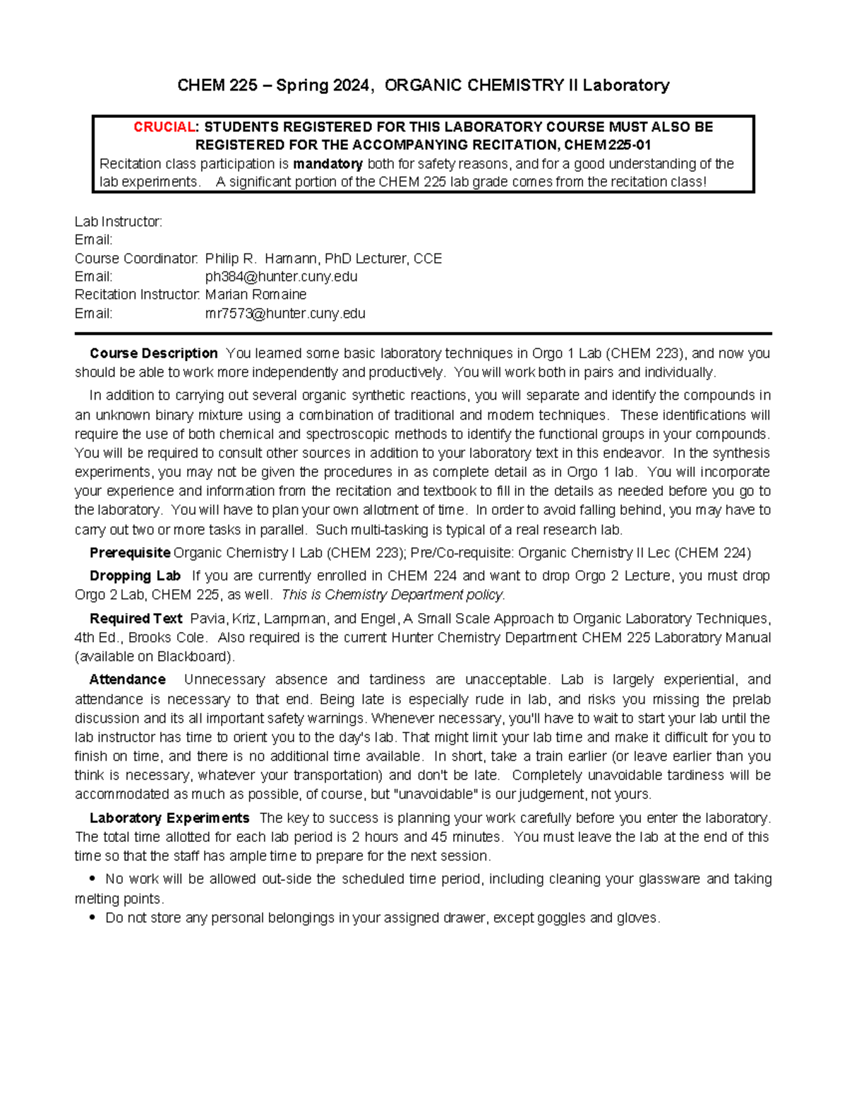 CHEM 225 Organic Chemistry II Lab Syllabus Spring 2024 - Studocu