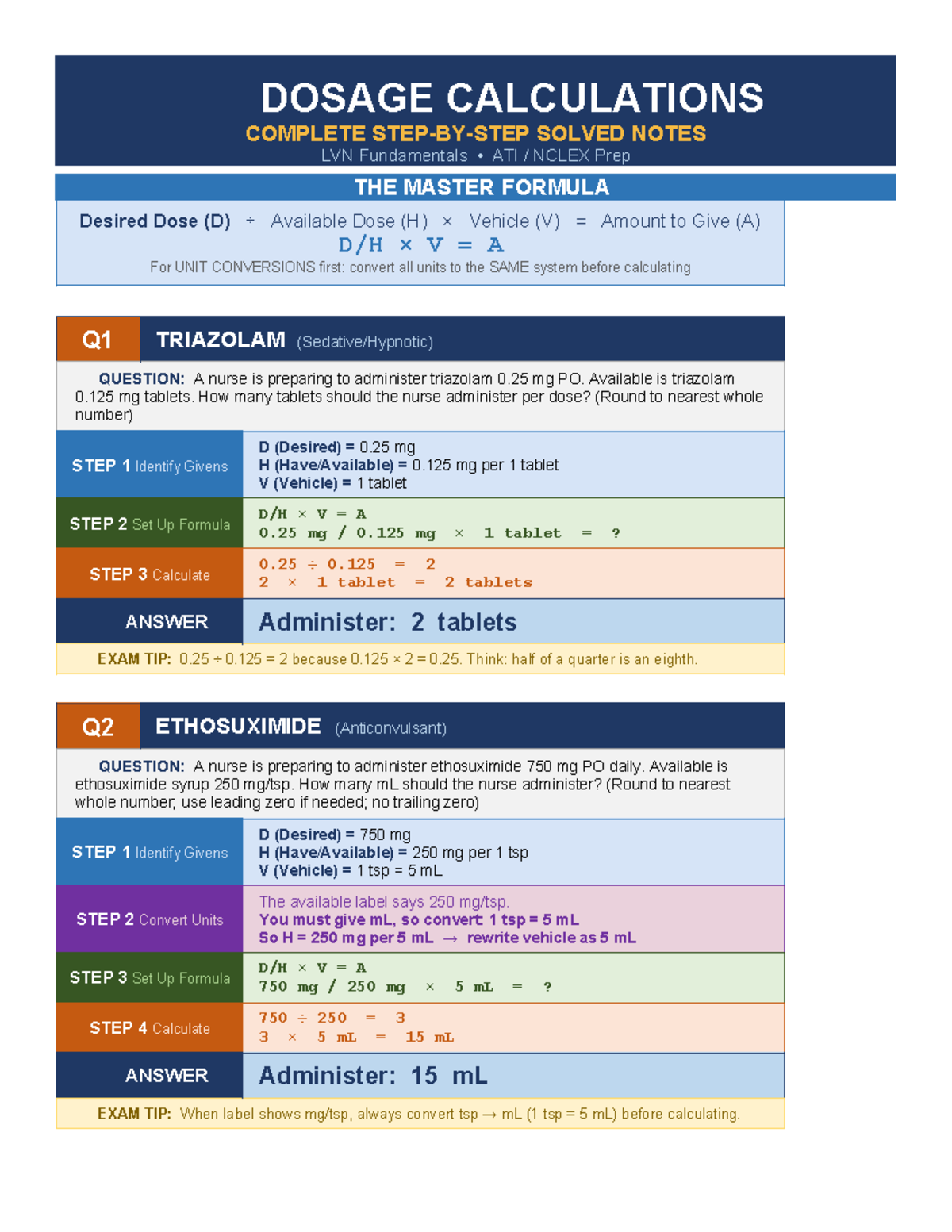 Dosage Calculations Solved Notes for LVN Fundamentals ATI NCLEX Prep ...