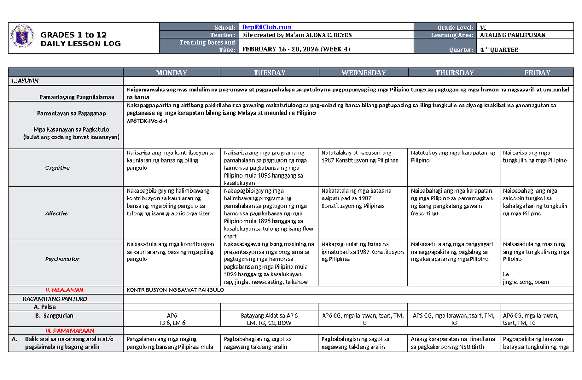 DTC DLL Araling Panlipunan 6 4th Quarter Week 4 Lesson Plan - Studocu