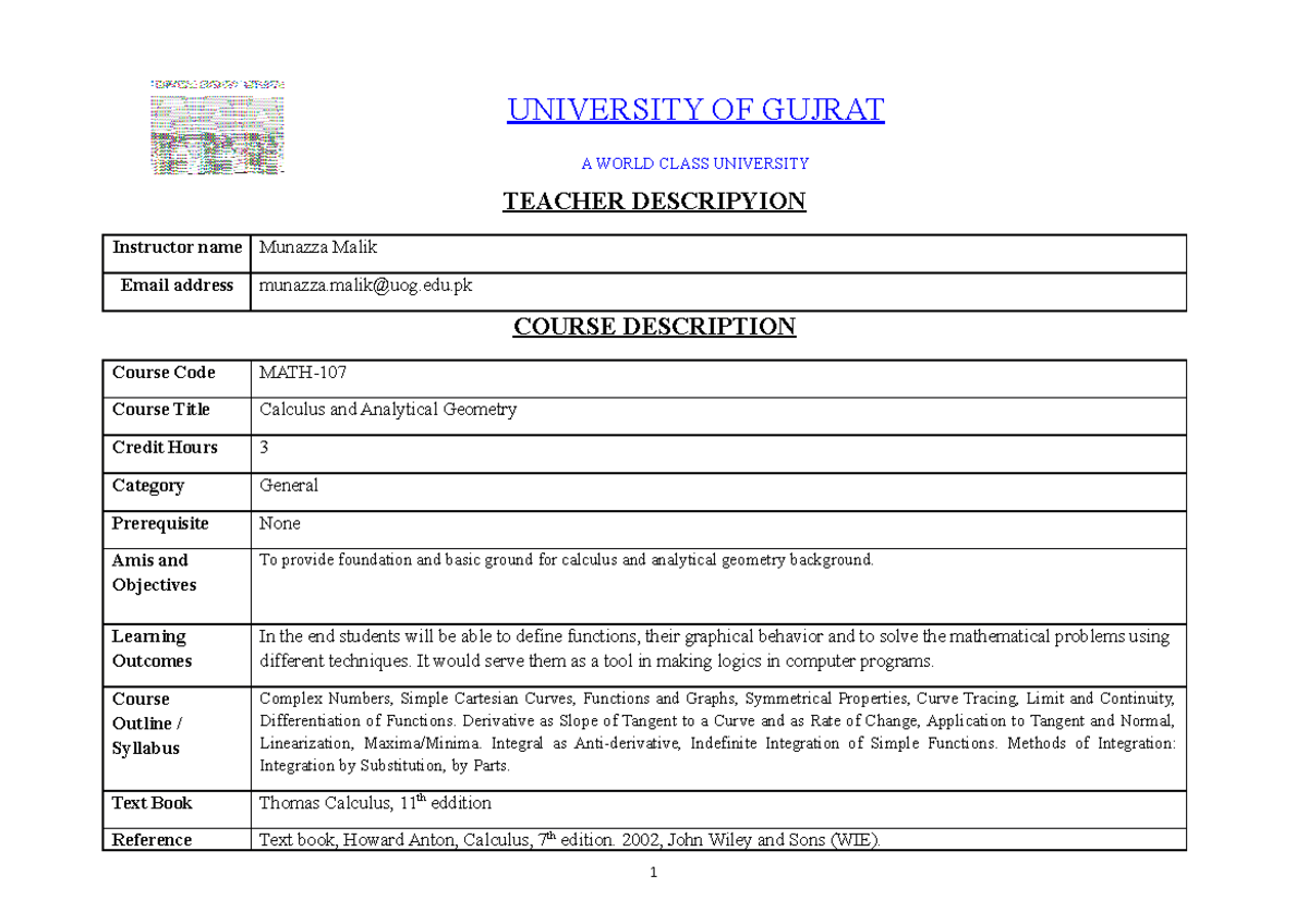 16-Week Course Plan for MATH-107: Calculus & Analytical Geometry - Studocu