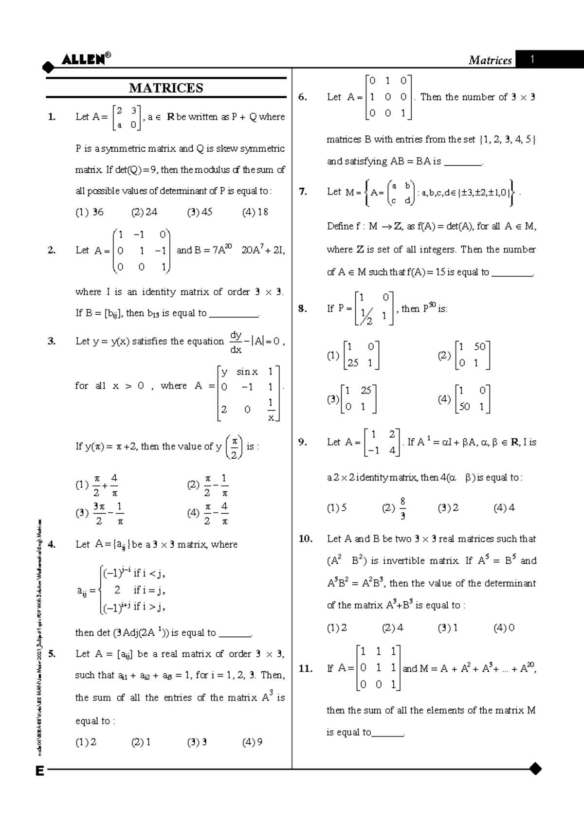 ALLEN® JEE Main 2021 Mathematics: Matrices Solutions - Studocu