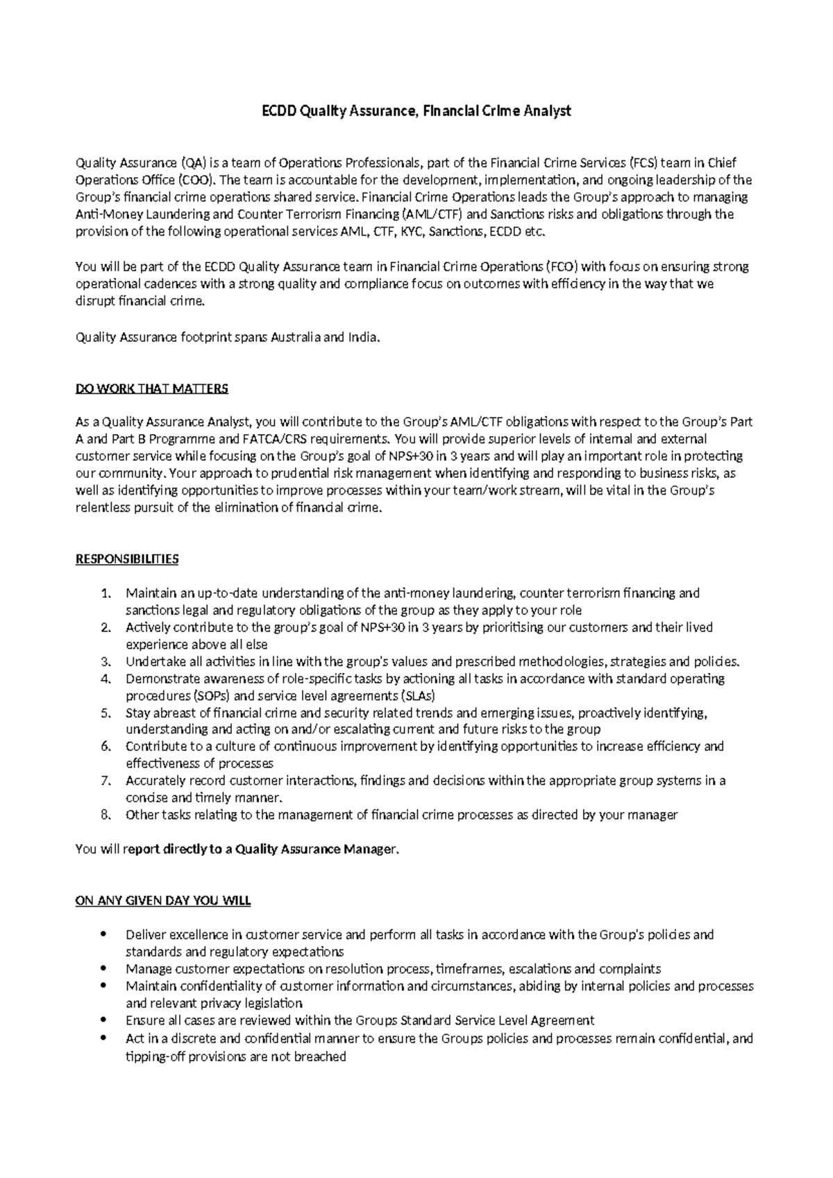 CBA ECDD Financial Crime Analyst Quality Assurance Overview - Studocu